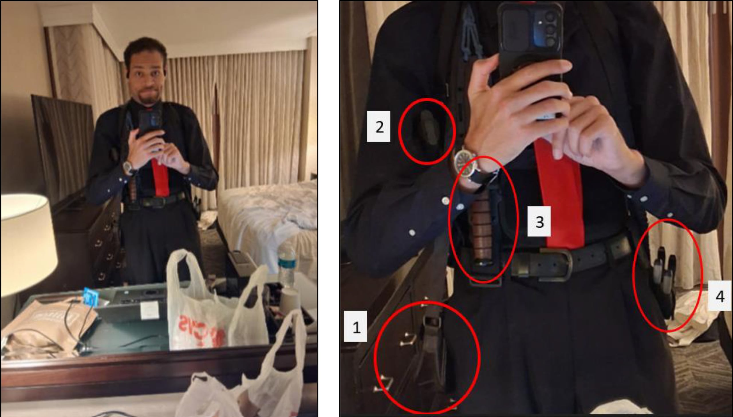 Esta imagen del 29 de abril de 2026, contenida en un documento judicial del Departamento de Justicia, muestra a Cole Tomas Allen dentro de su habitación de hotel, el sábado 25 de abril de 2026 en Washington, usando su teléfono móvil para fotografiarse en un espejo. En la ampliación de la derecha se destacan algunos artefactos que portaba. (Foto: Departamento de Justicia vía AP)