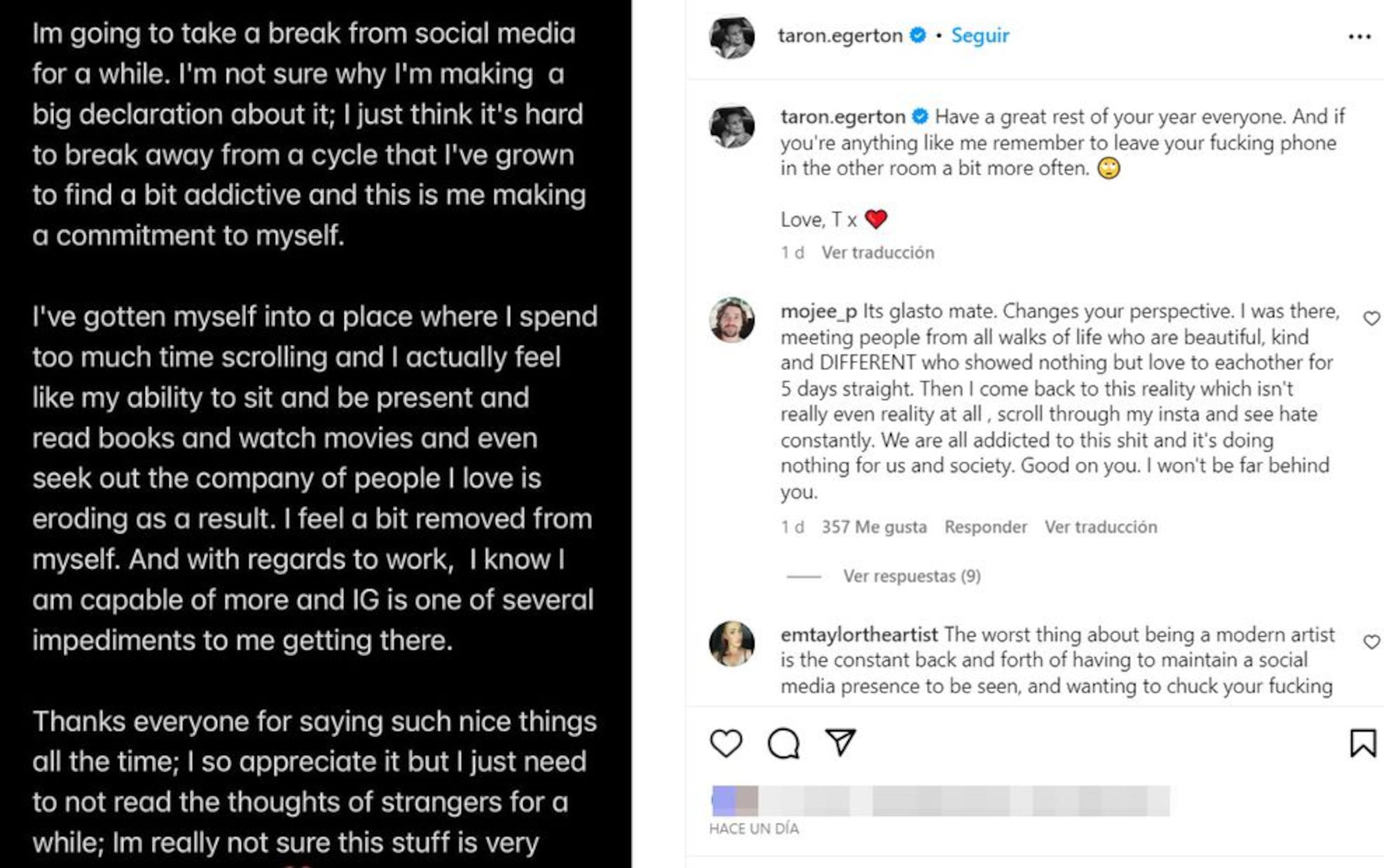 El actor británico Taron Egerton decidió anteriormente retirarse de las redes sociales para pasar más tiempo con su familia.