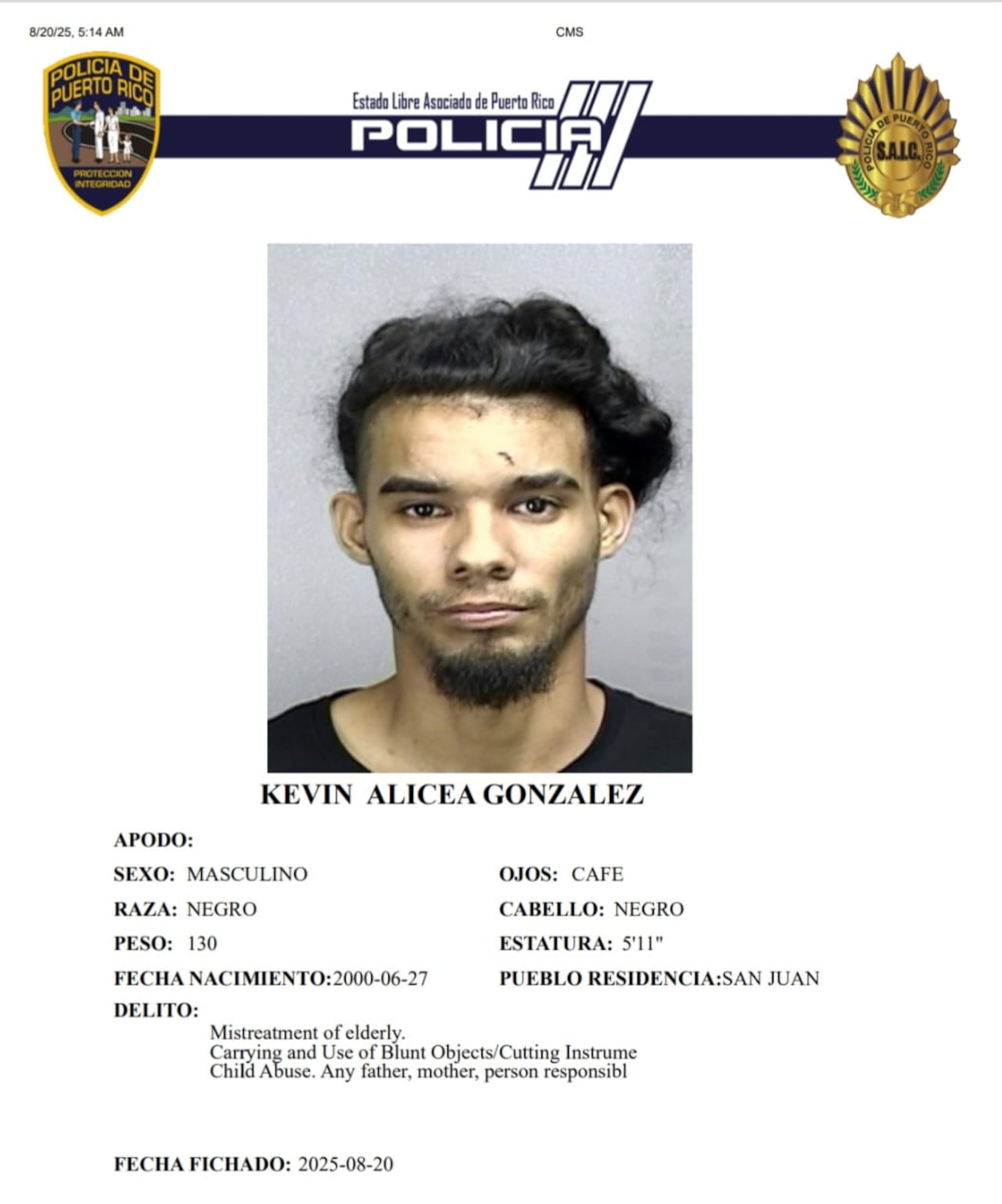 Kevin Alicea González, enfrenta cargos por maltrato a personas de edad avanzada y de menores e infracción a la Ley de Armas.