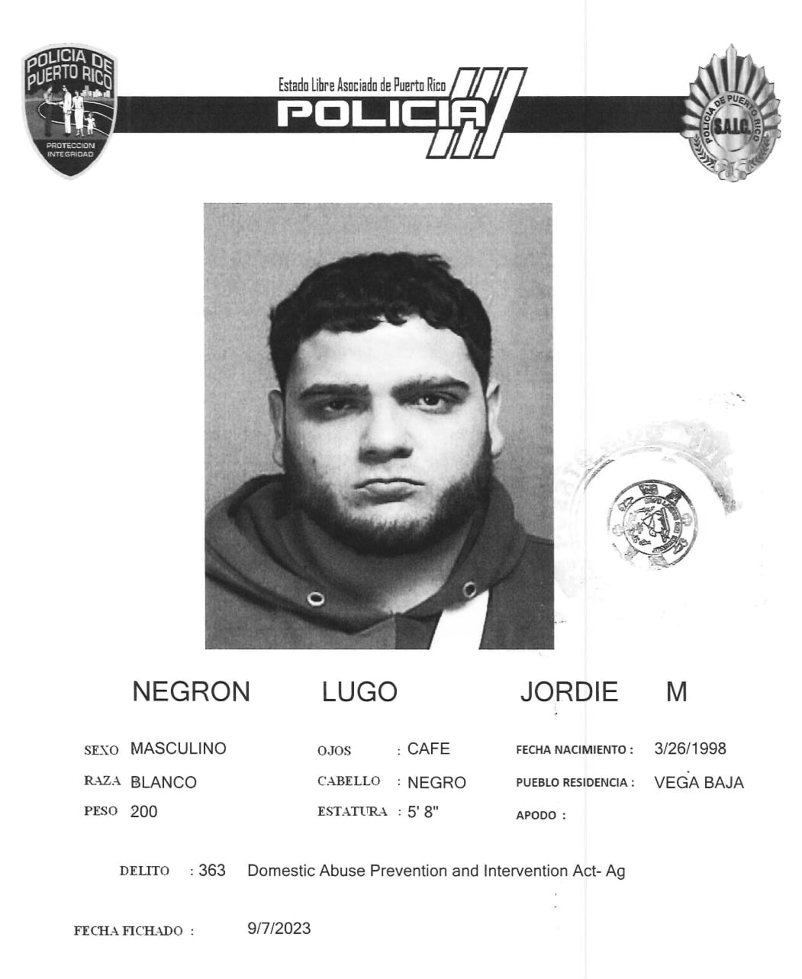 Jordie M. Negrón Lugo enfrenta cargos por violencia doméstica.