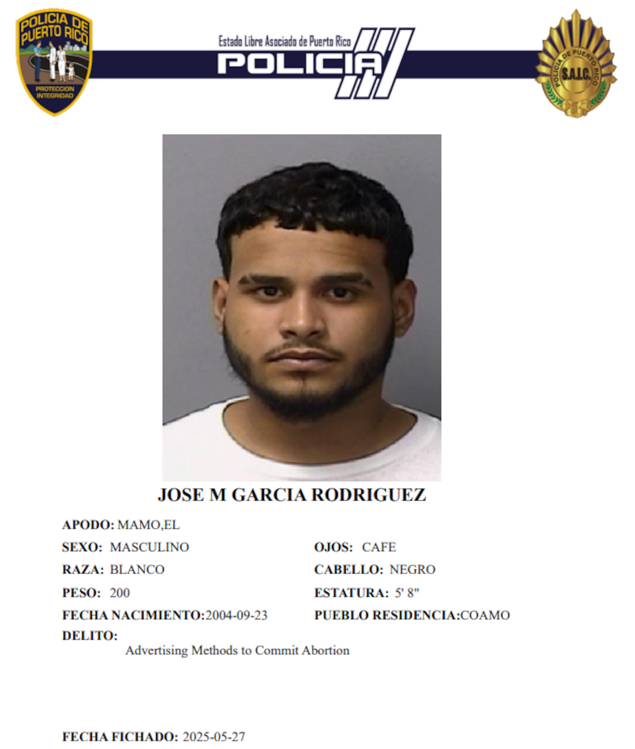 Ficha policíaca del acusado, José M. García Rodríguez, de 22 años.