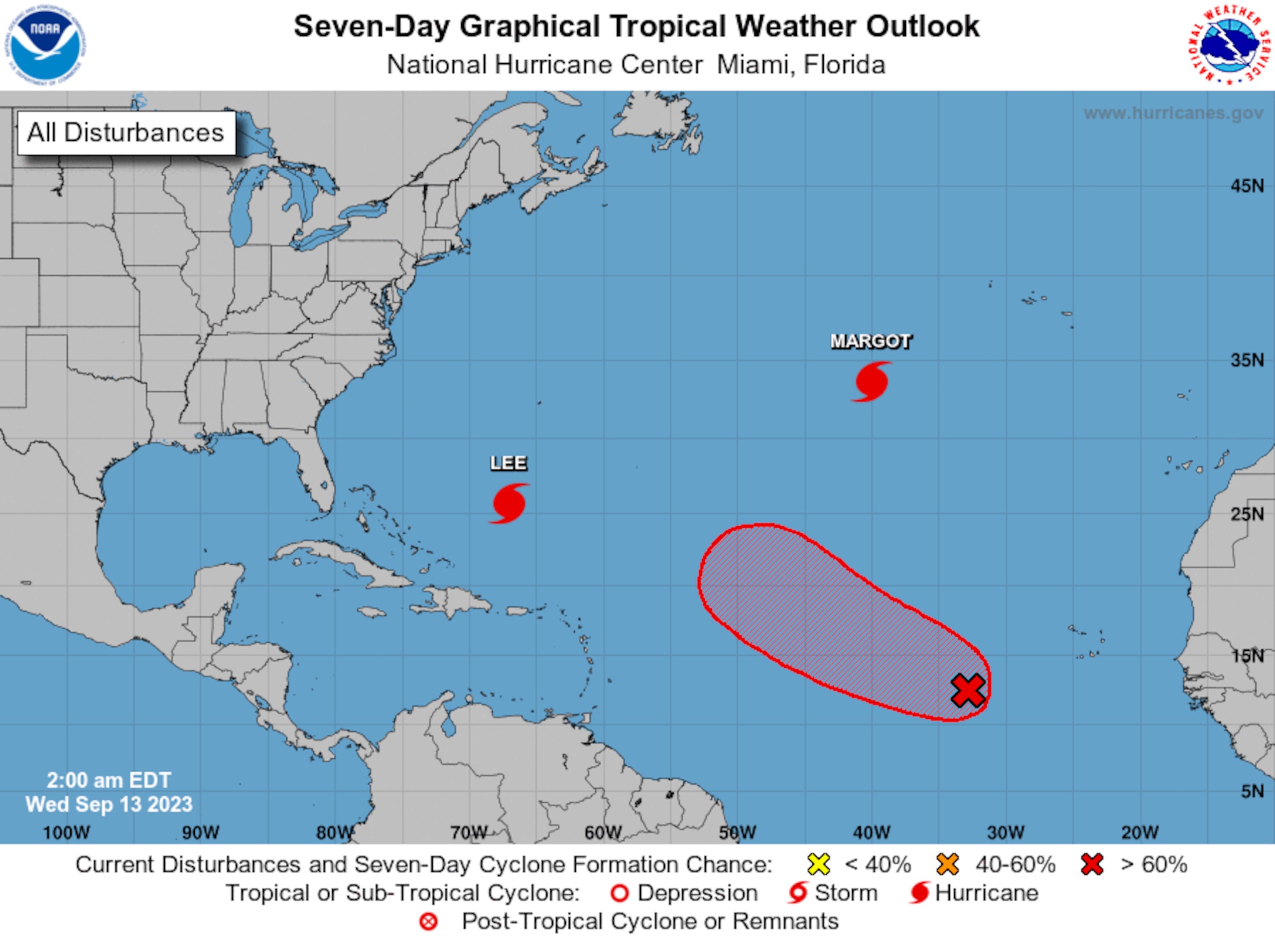 Perspectiva gráfica del clima tropical del Atlántico para siete días el 13 de septiembre de 2023.