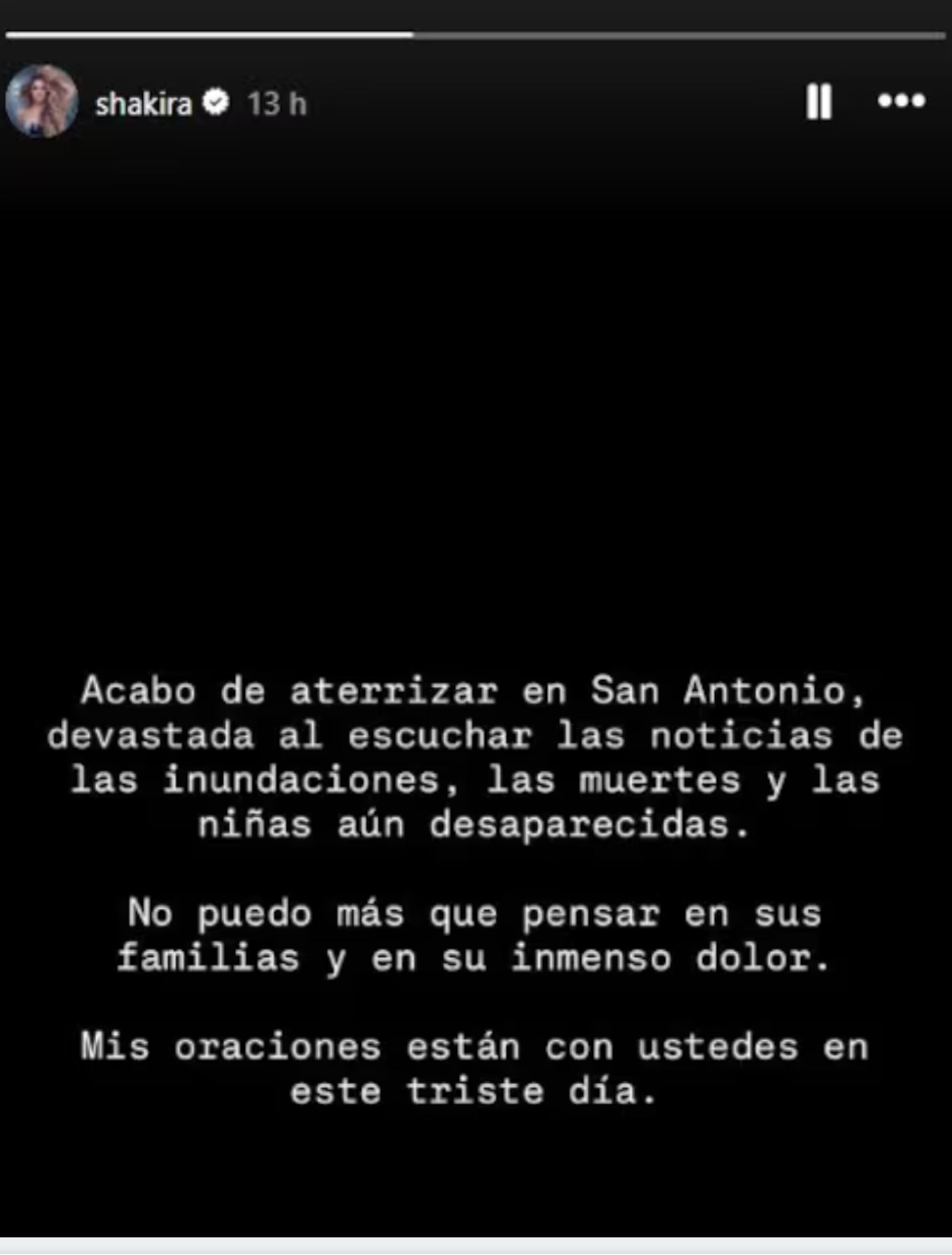 Mensaje de Shakira en Instagram.