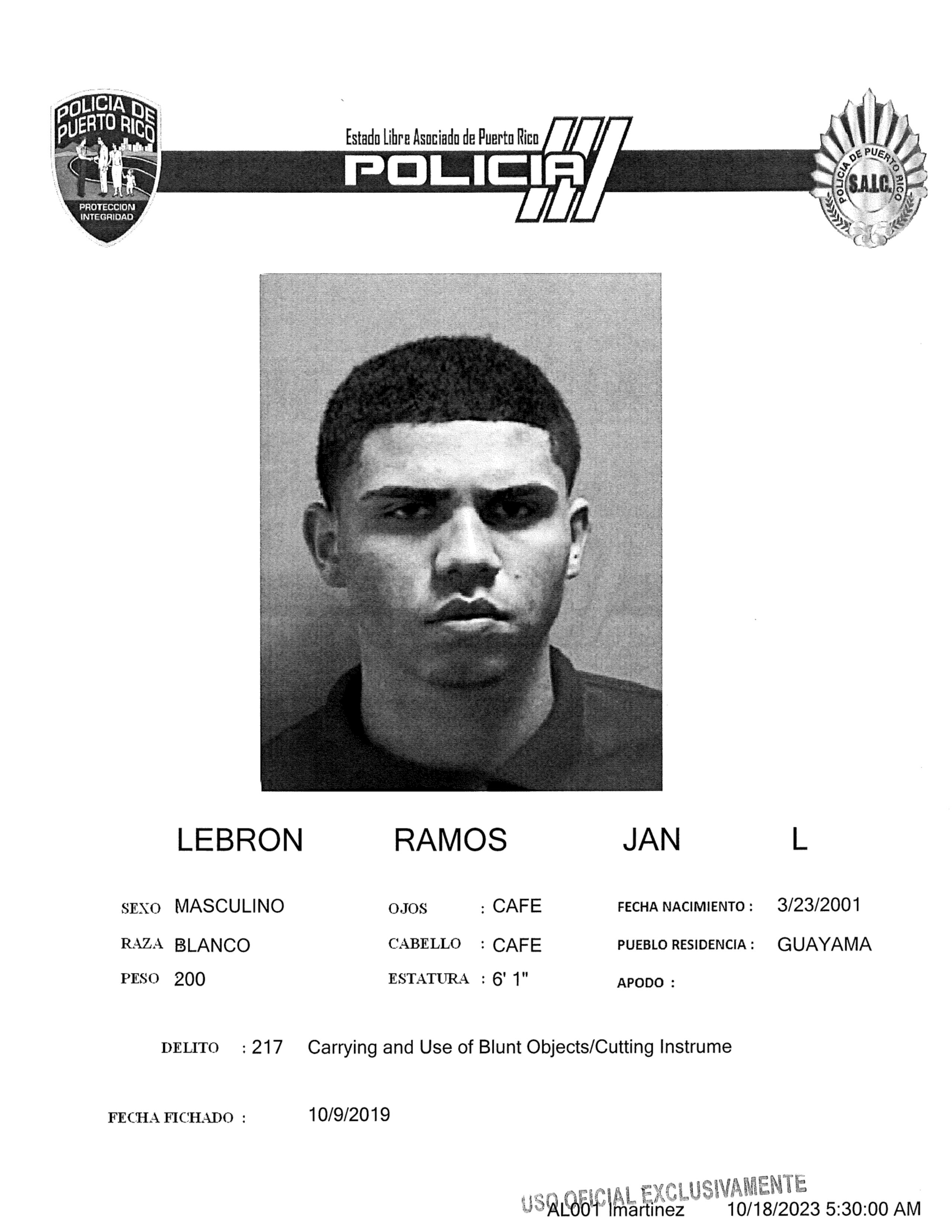 Ficha policial de Jan Luis Lebrón Ramos.