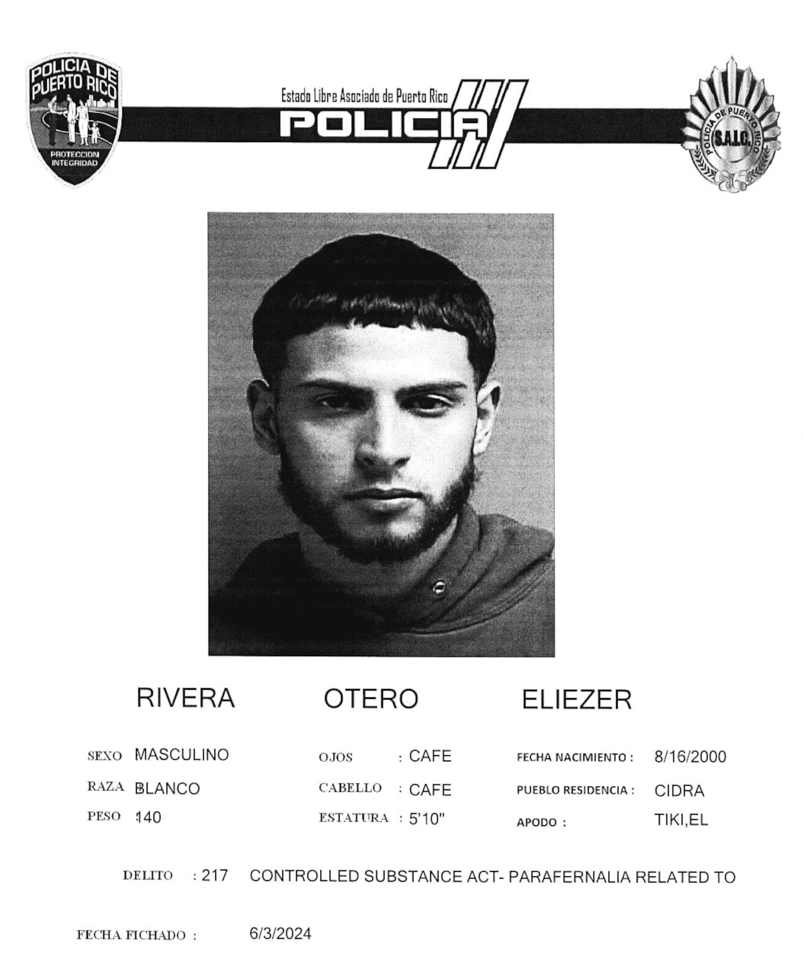Eliezer Rivera Otero alias Tiki, enfrenta cargos por violación a la Ley de Sustancias Controladas.