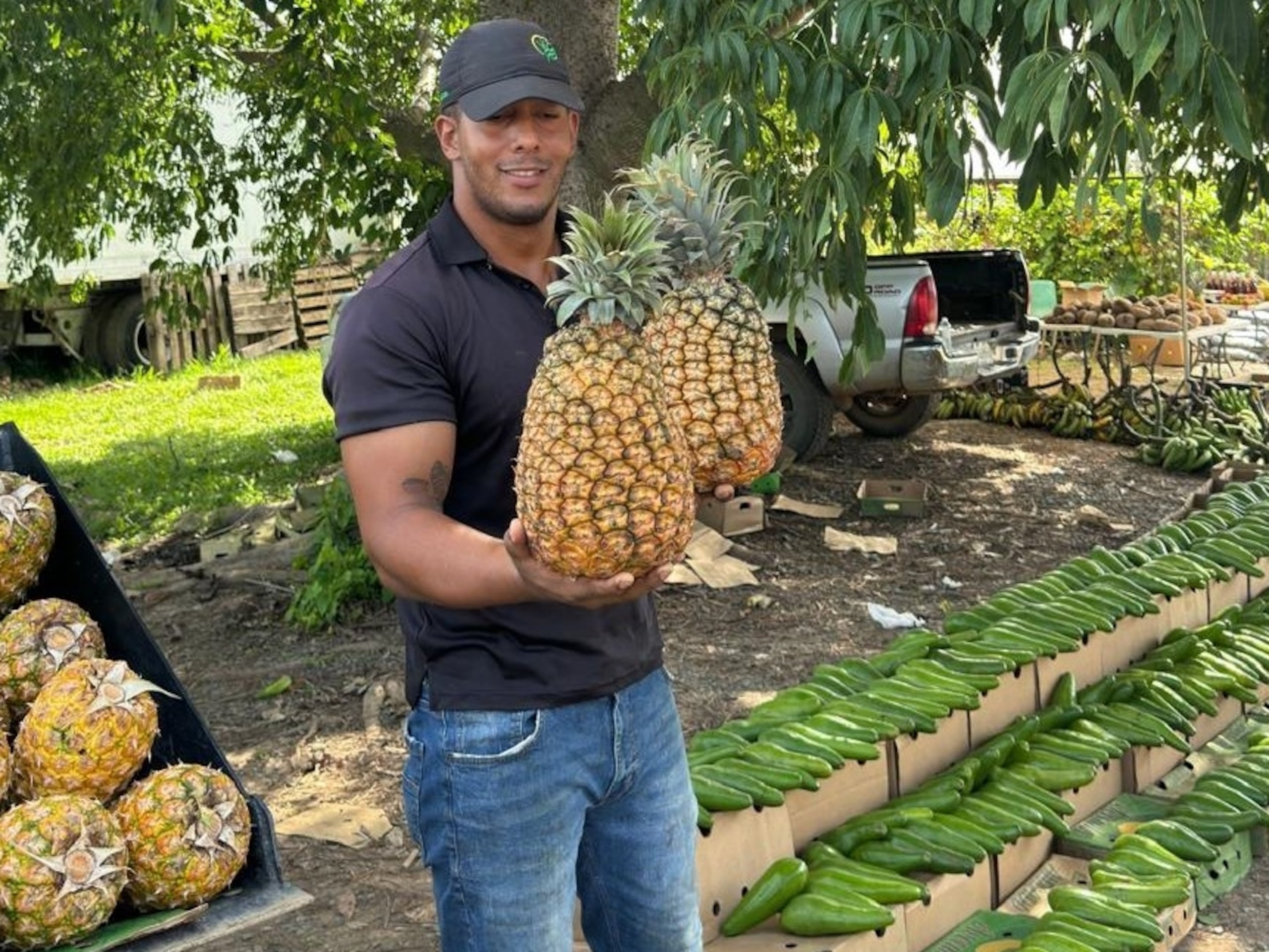 Michael González Acevedo enseña dos piñas cabezonas, que pueden llegar a pesar hasta 20 libras.
