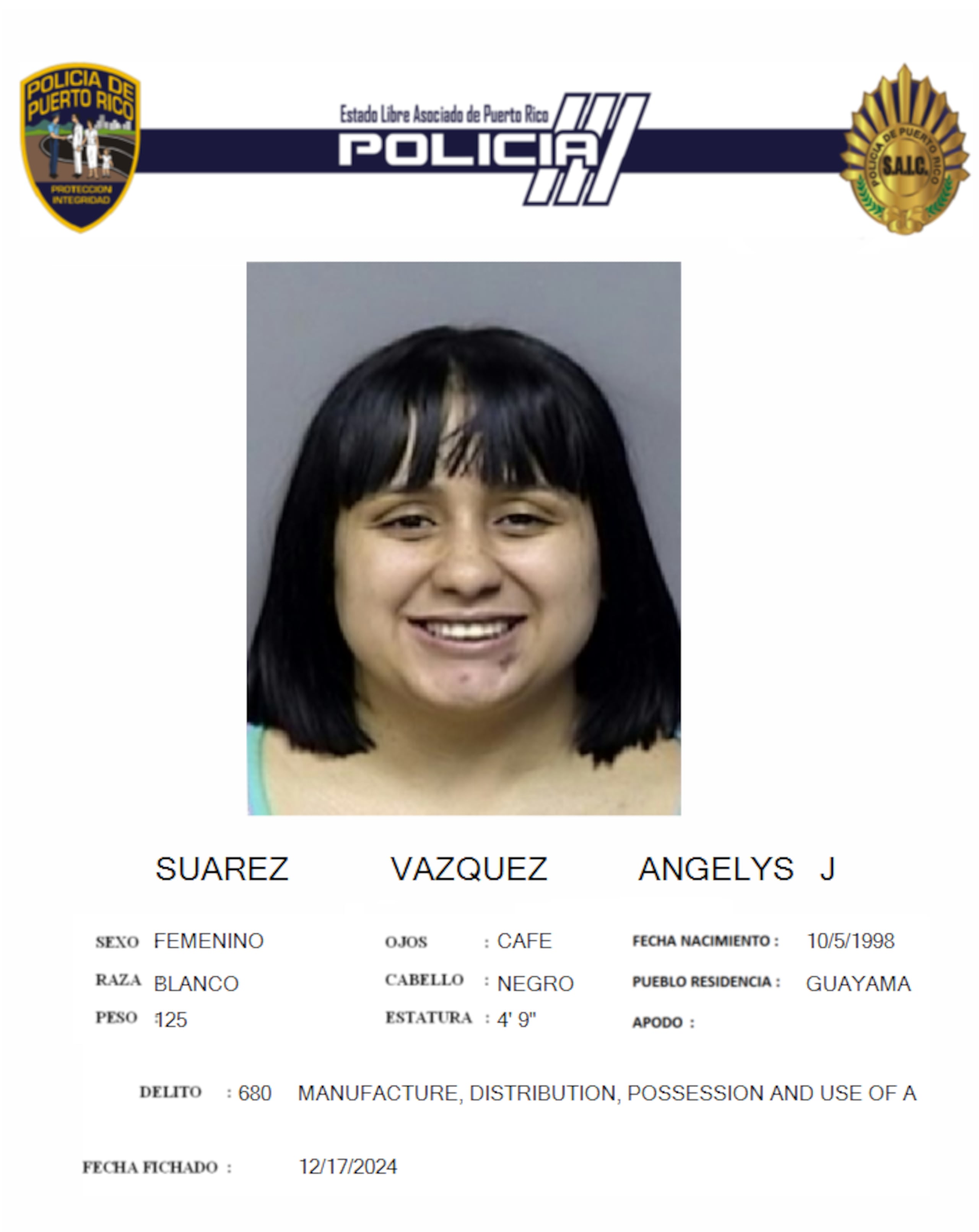 Ficha policial de Angelys Suárez Vázquez.