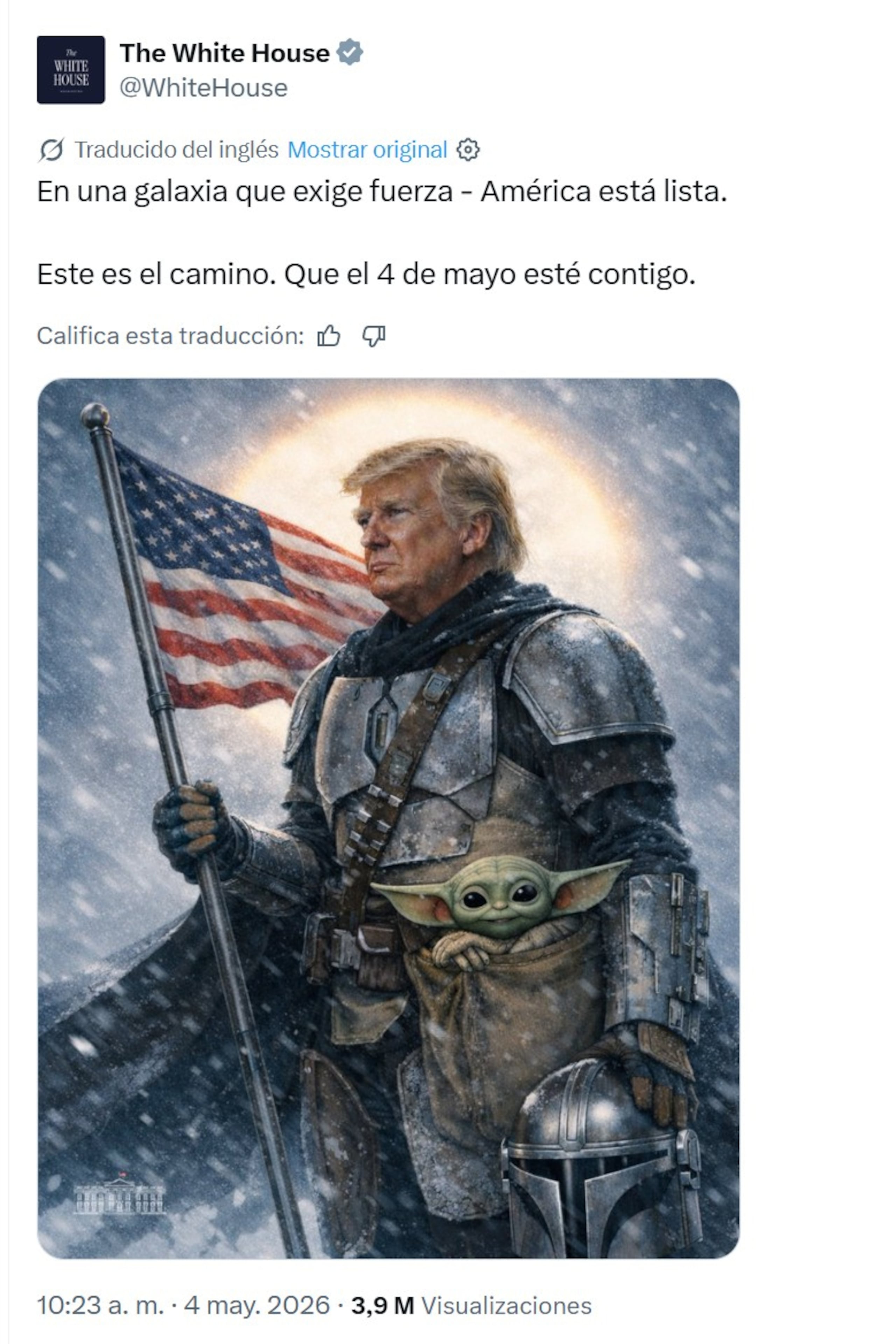 Captura de pantalla de una publicación de la cuenta oficial en X de la Casa Blanca @WhiteHouse que muestra al presidente de Estados Unidos, Donald Trump, representado como el héroe de la serie 'The Mandalorian', coincidiendo con el 4 de mayo, conocido como el Día de Star Wars. EFE/ @WhiteHouse