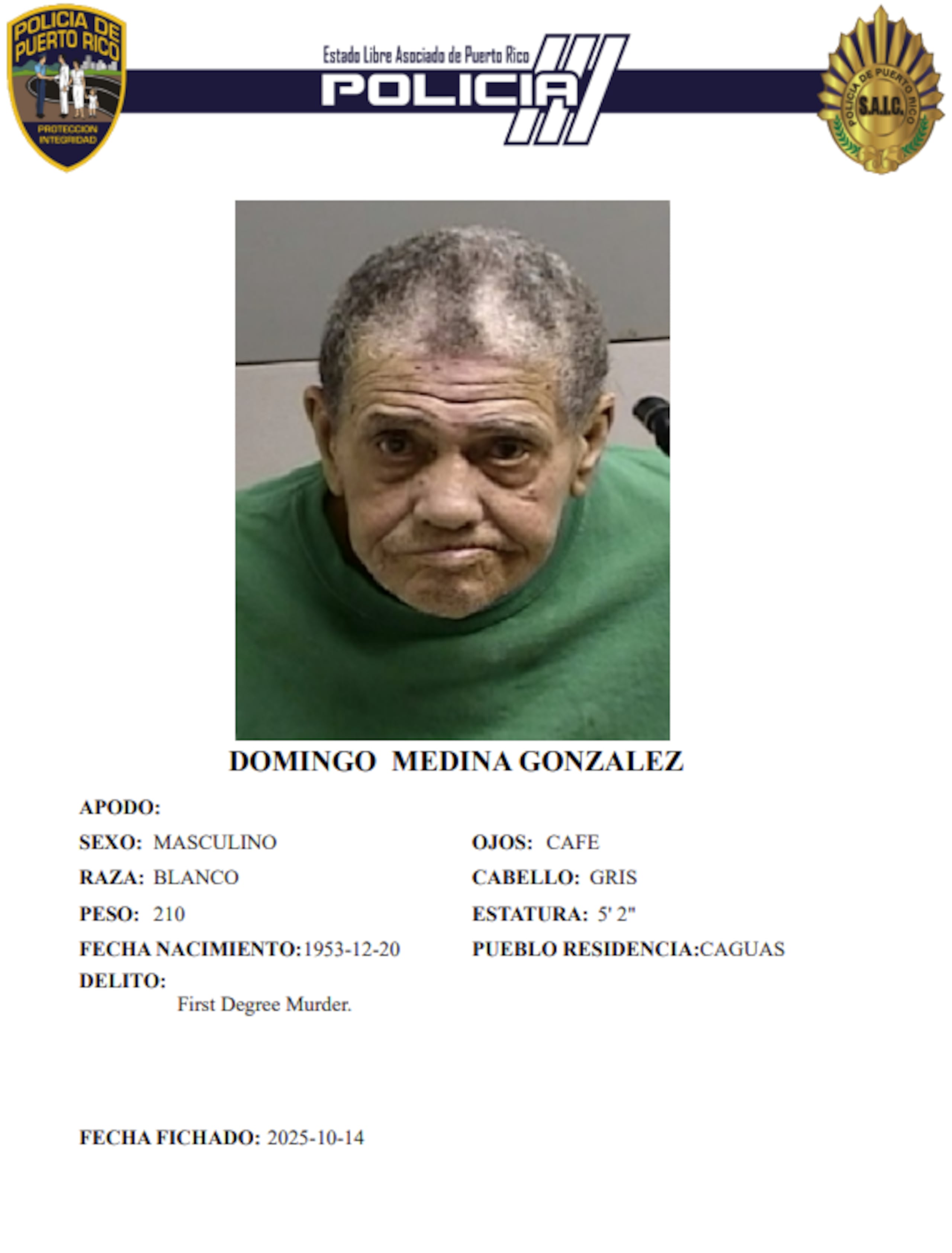 Domingo Medina González de 71 años, enfrenta cargos de asesinato en primer grado, por hechos ocurridos en una égida de Caguas.