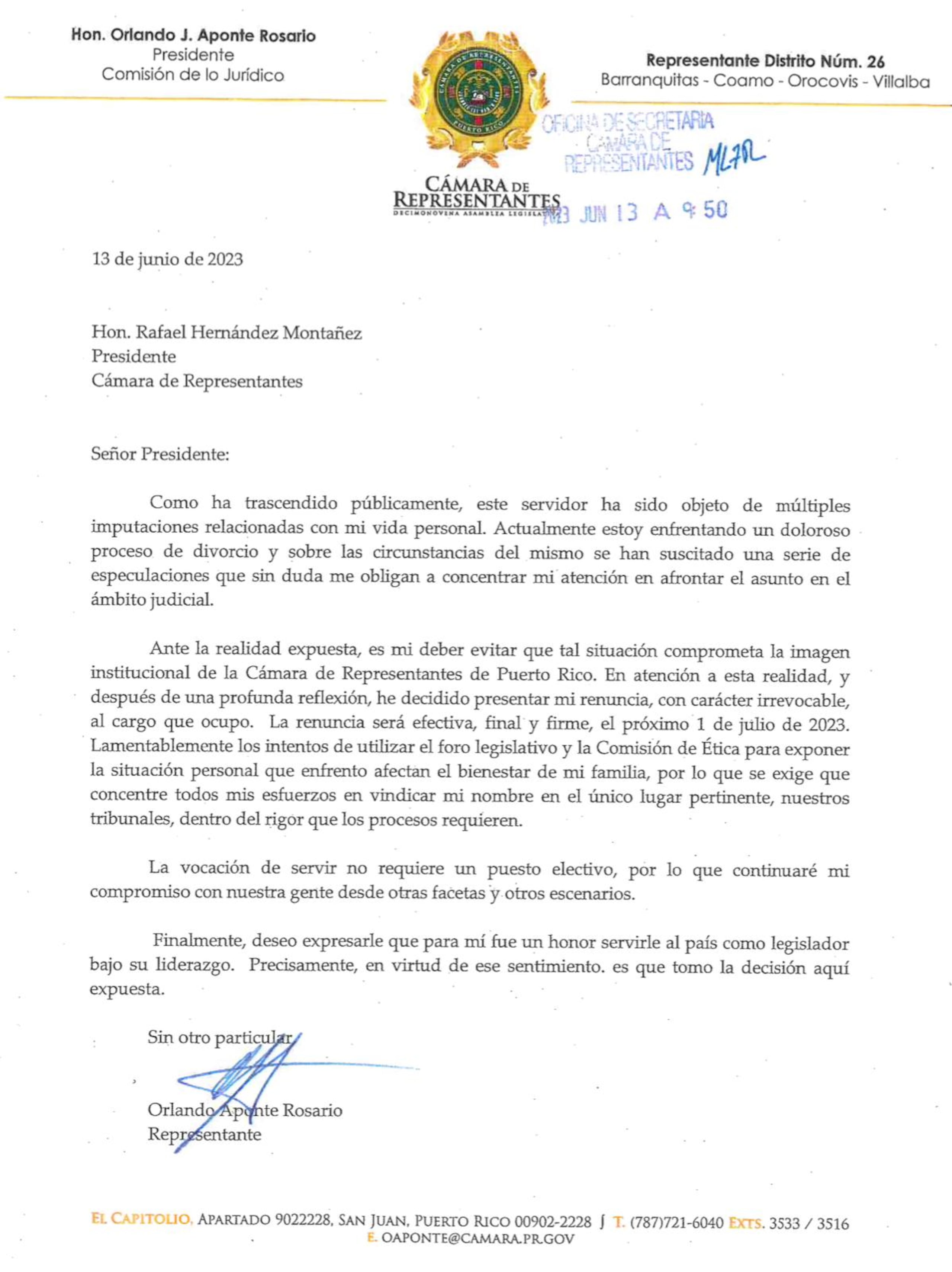 Orlando Aponte envió su carta de renuncia en la mañana del martes 13 de junio de 2023.