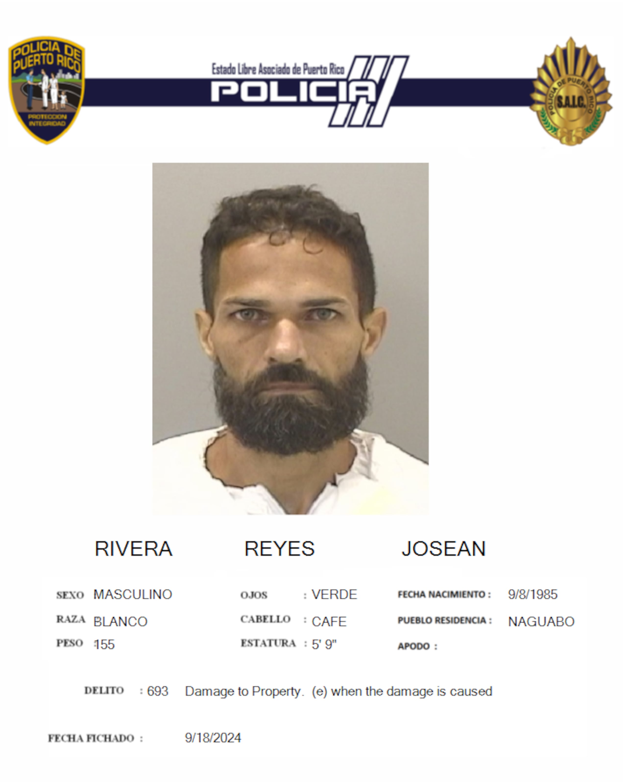 Josean Rivera Reyes de 39 años, enfrenta cargos por causar daño grave a un vehículo oficial y obstrucción a la autoridad pública.