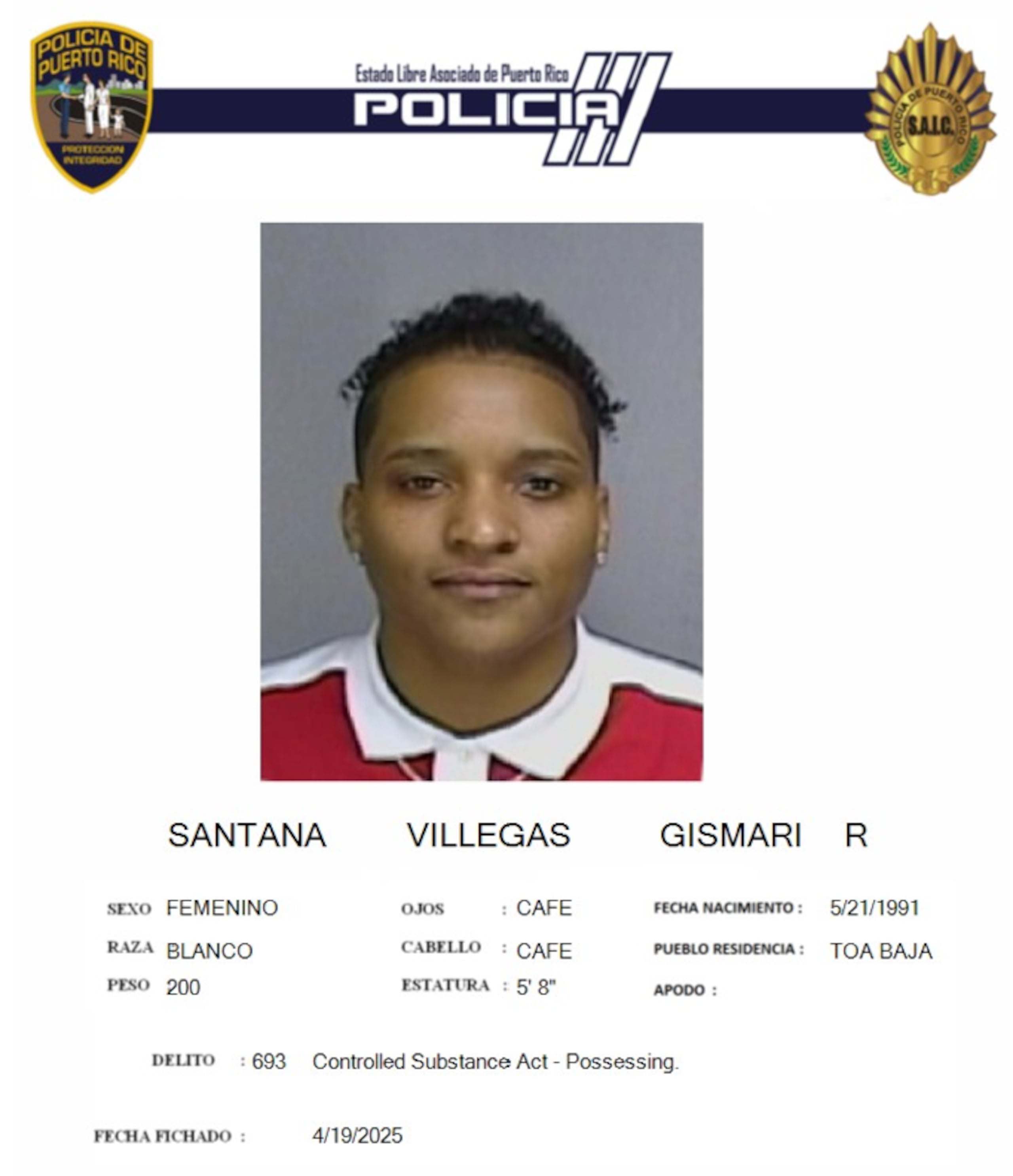 Ficha policiaca de Gismari R. Santana Villegas.