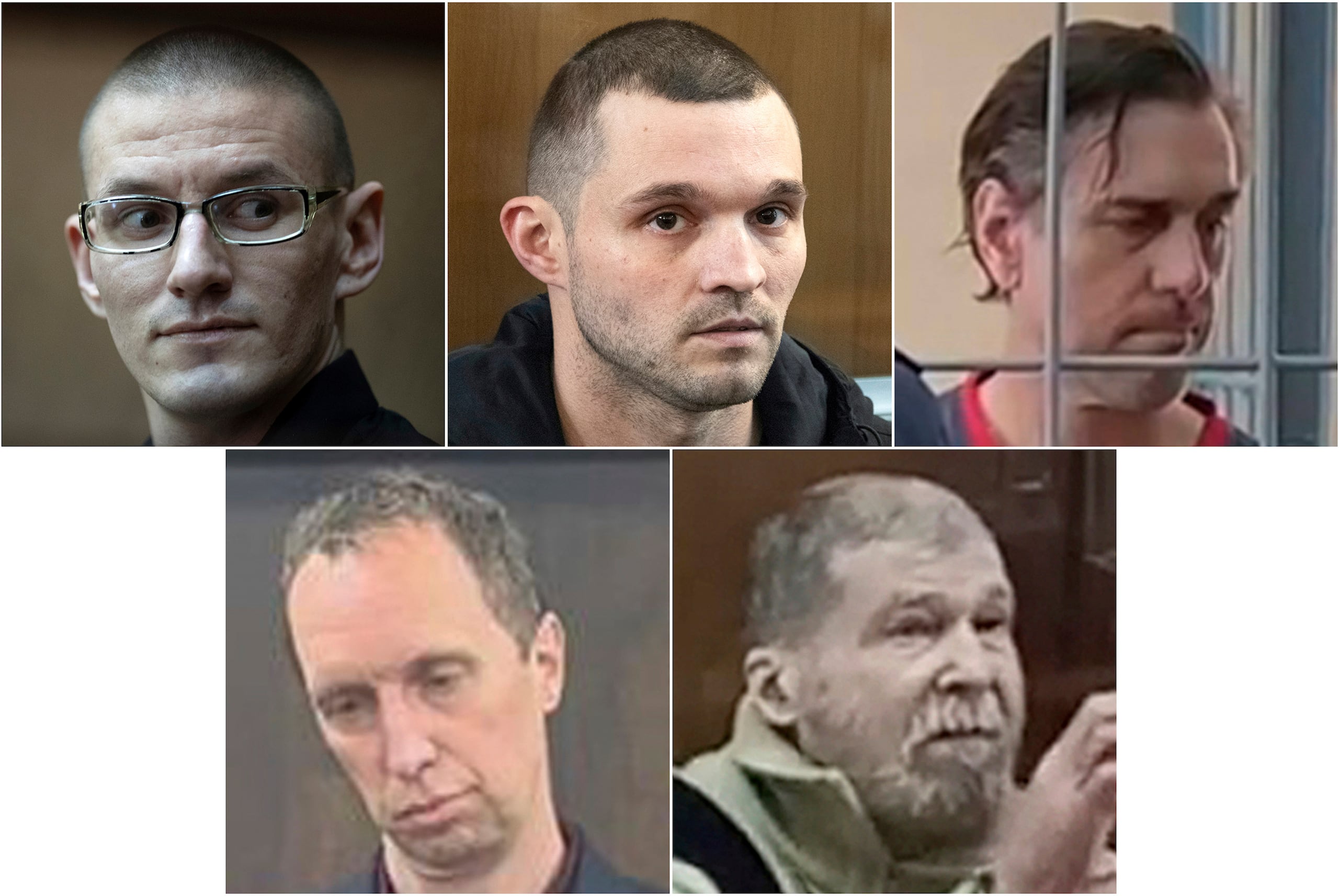 Esta combinación de imágenes, realizada con fotografías de The Associated Press y de tribunales, muestra a estadounidenses que siguen encarcelados en Rusia. De izquierda a derecha, arriba, Robert Woodland Romanov el 30 de mayo de 2024, el sargento del ejército estadounidense Gordon Black, el 6 de junio de 2024, Michael Travis Leake, el 18 de junio; abajo, Joseph Tater, el 14 de agosto, y Stephen Hubbard, el 7 de octubre. (AP Foto/Alexander Zemlianichenko, AP Foto, Corte de Distrito de Khamovnichesky, Servicio de Prensa de Corte de Moscú y Servicio de Prensa de Corte de Distrito de Meshchansky)