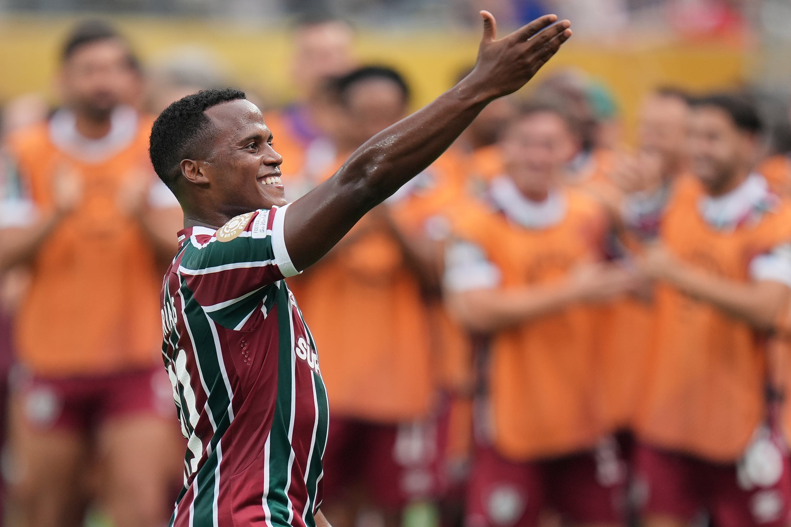 Jhon Arias (21) celebra luego de anotar el primer gol de Fluminense ante Ulsan HD en el Mundial de Clubes, el sábado 21 de junio de 2025, en East Rutherford, Nueva Jersey. (AP Foto/Seth Wenig)