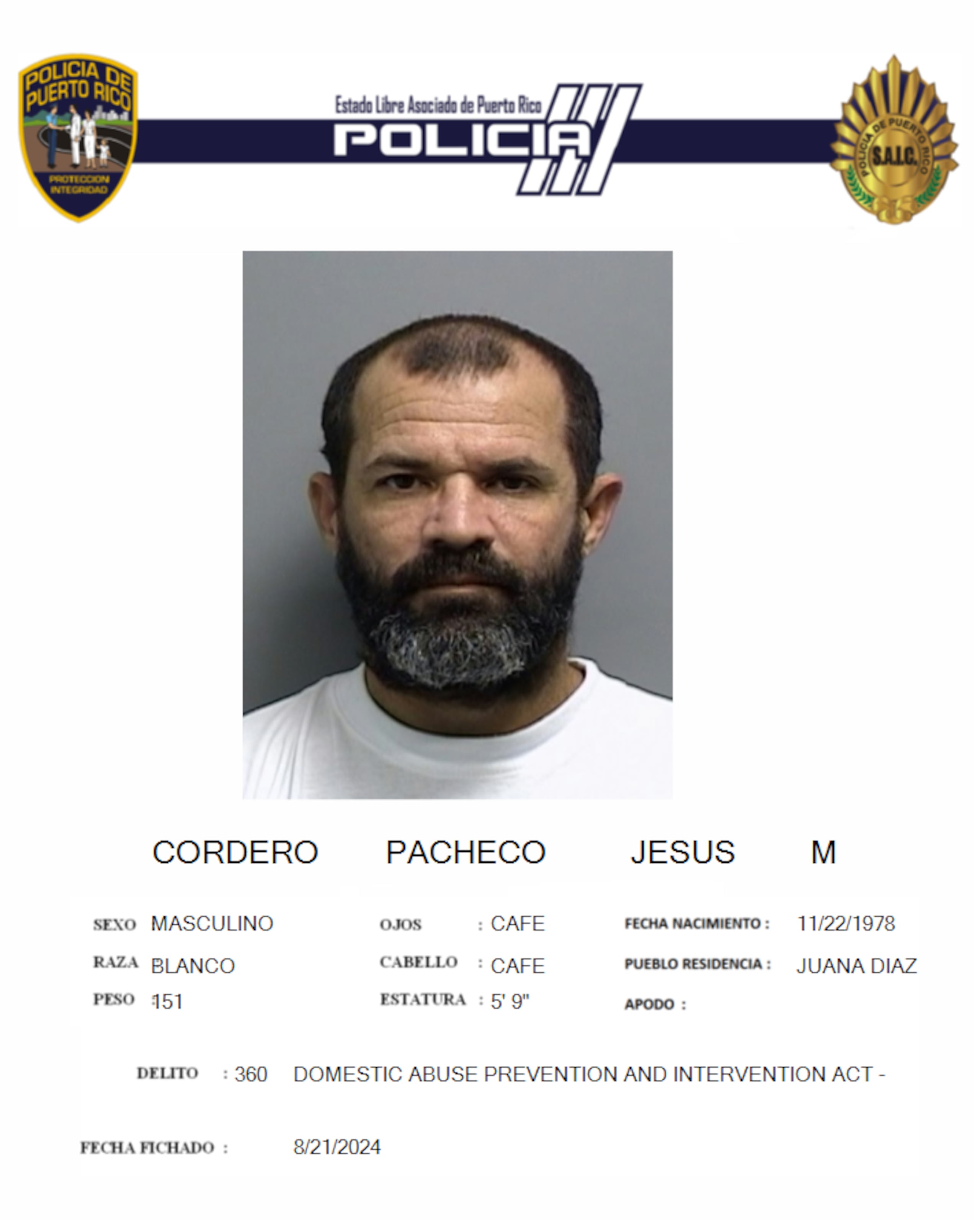 Jesús M. Cordero Pacheco fue extraditado a la isla para enfrentar cargos por agresión sexual contra una menor y violencia doméstica.