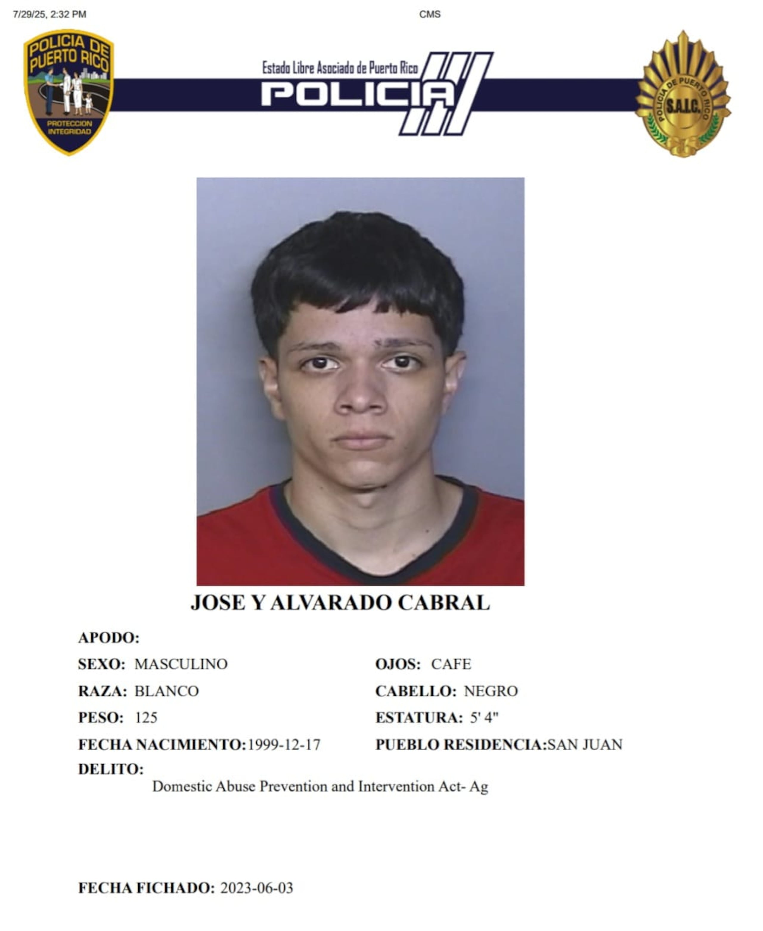 José Y. Alvarado Cabral, fue baleado frente al condominio Los Lirios, en Santurce, en un caso que se clasificó como homicidio justificable.