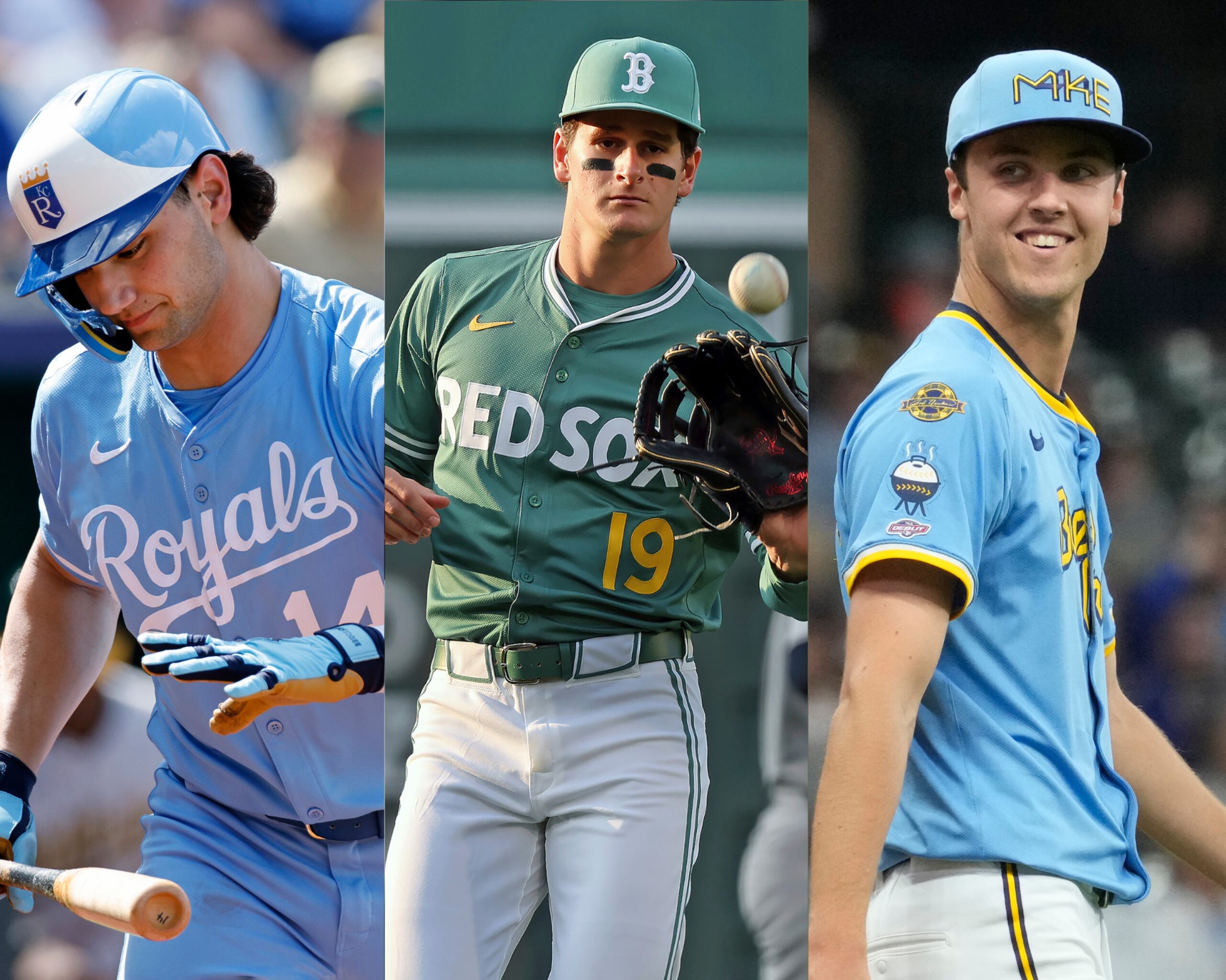 De izquierda a derecha, los prospectos Jac Caglianone, Roman Anthony y Jacob Misiorowski.