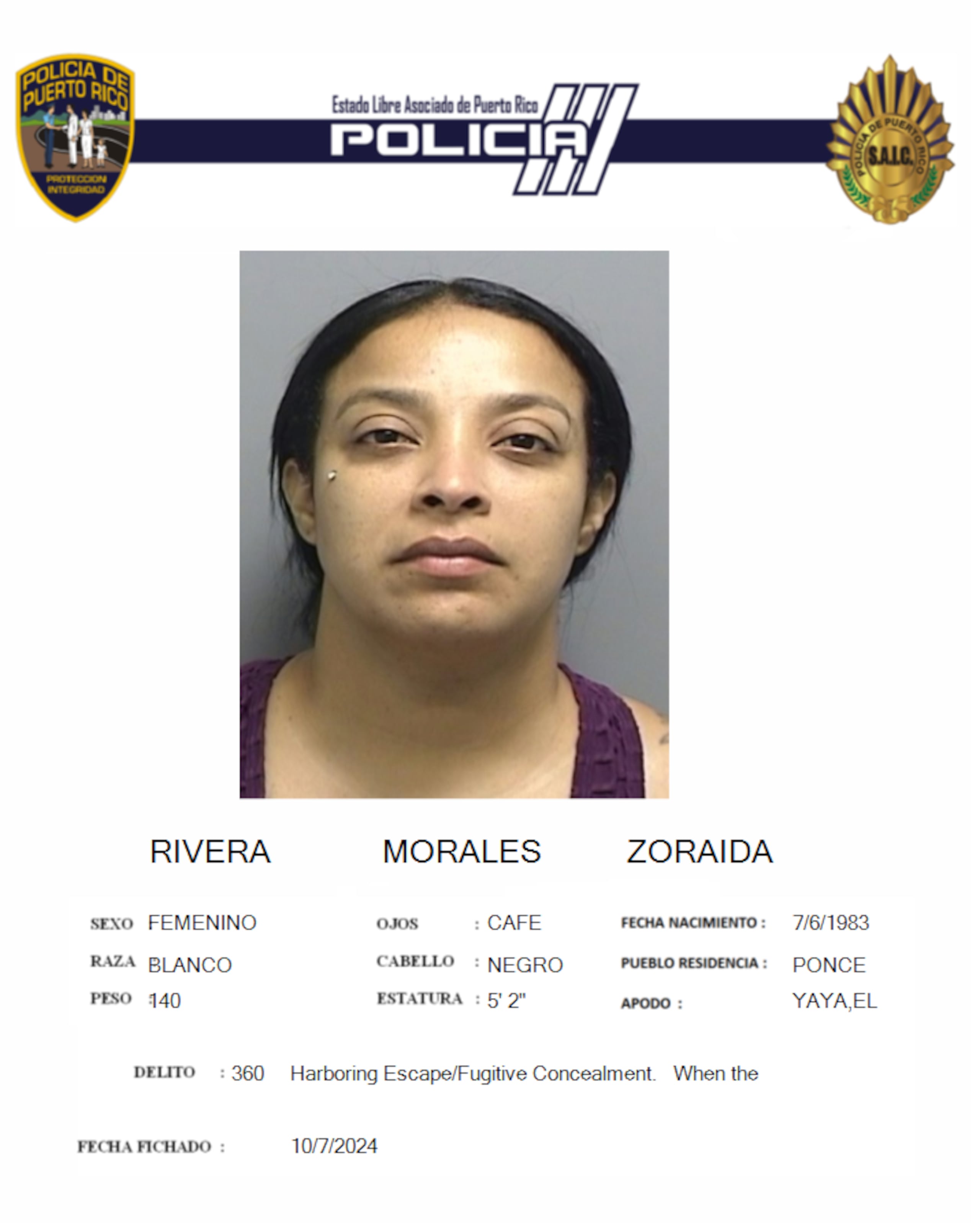 Zoraida Rivera Morales, fue encarcelada tras intentar evadir las autoridades tras removerse el grillete electrónico.