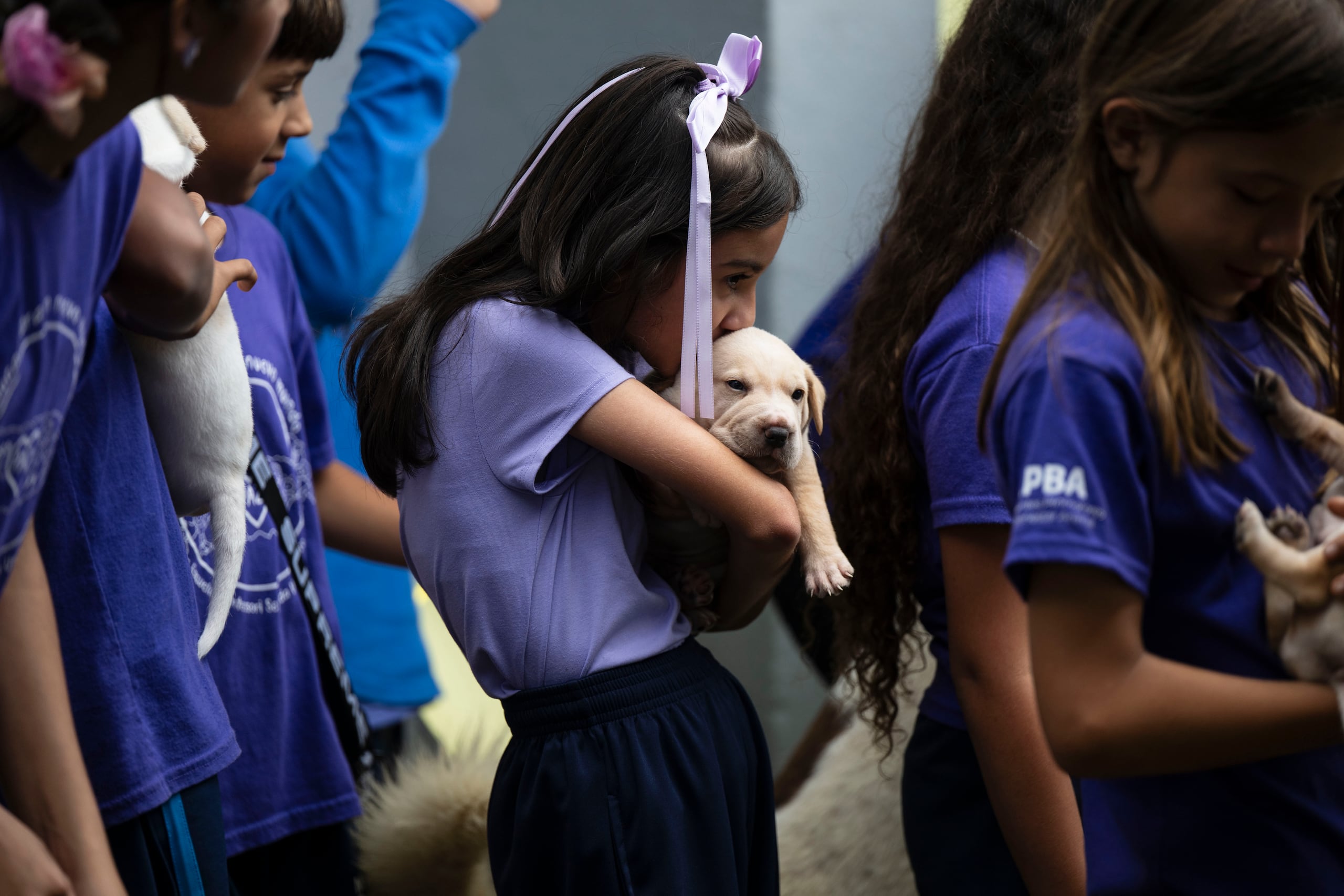 Una estudiante acariciando a Seúl.