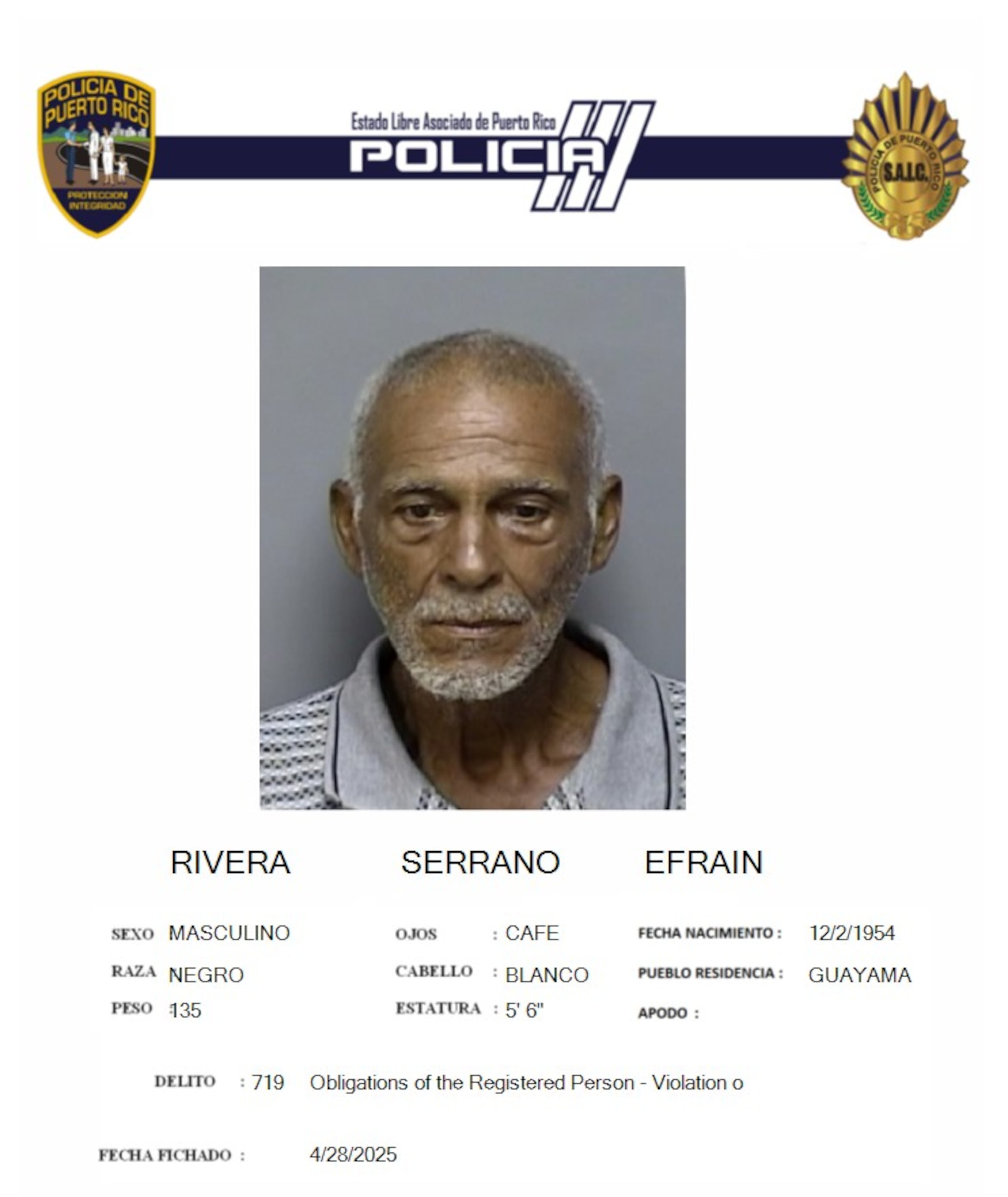 Efraín Rivera Serrano, fue acusado por no cumplir con la "Ley del Registro de Personas Convictas por Delitos Sexuales y Abuso Contra Menores".