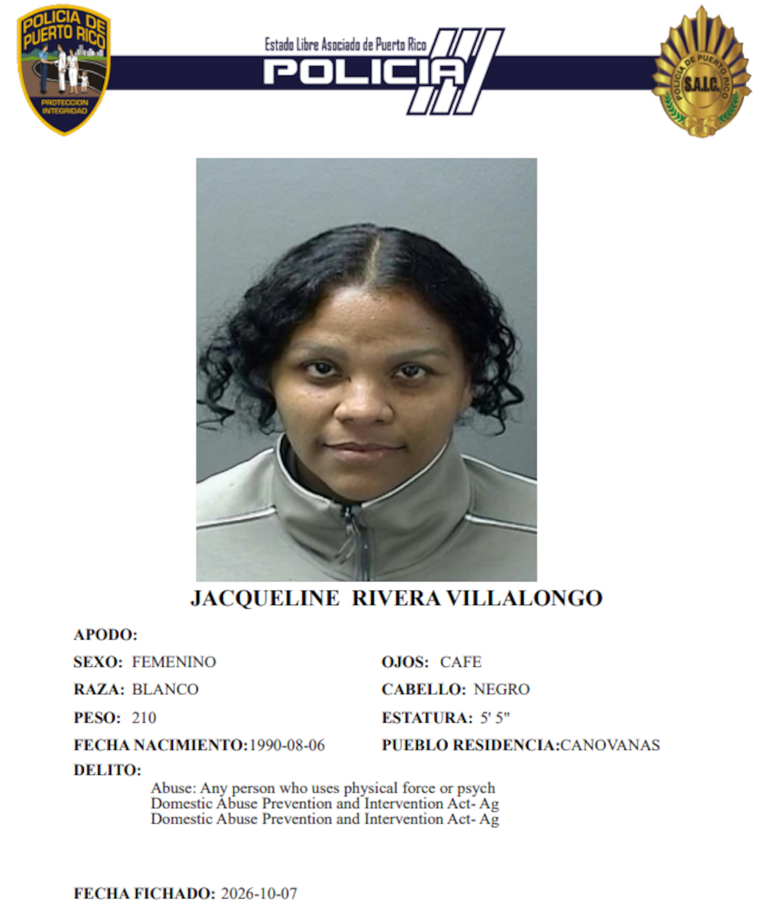 Ficha policíaca de la imputada, Jacqueline Rivera Villalongo, de 36 años y vecina de Canóvanas.