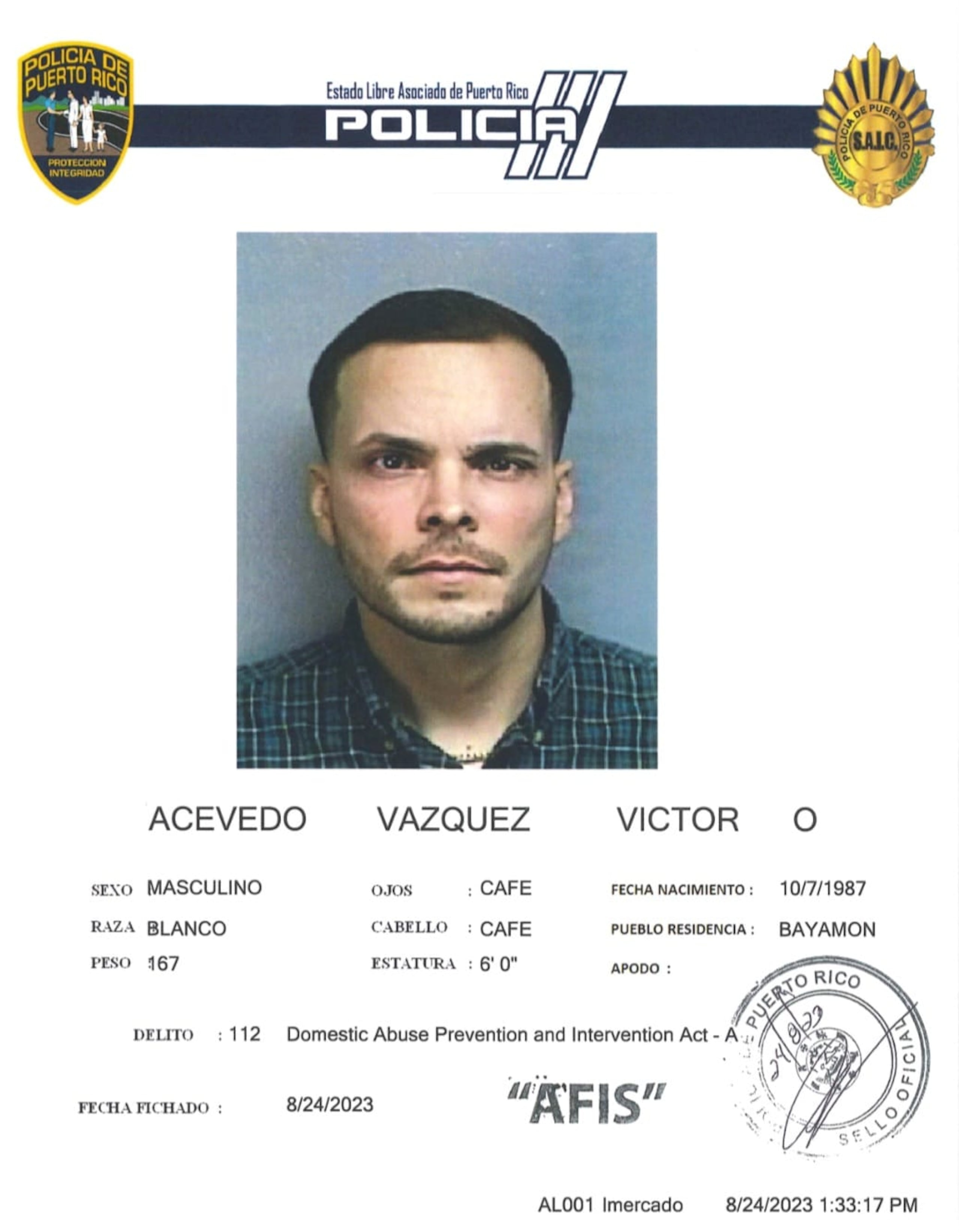 El suspendido agente Víctor O. Acevedo Vázquez, enfrenta cargos por violencia de género.
