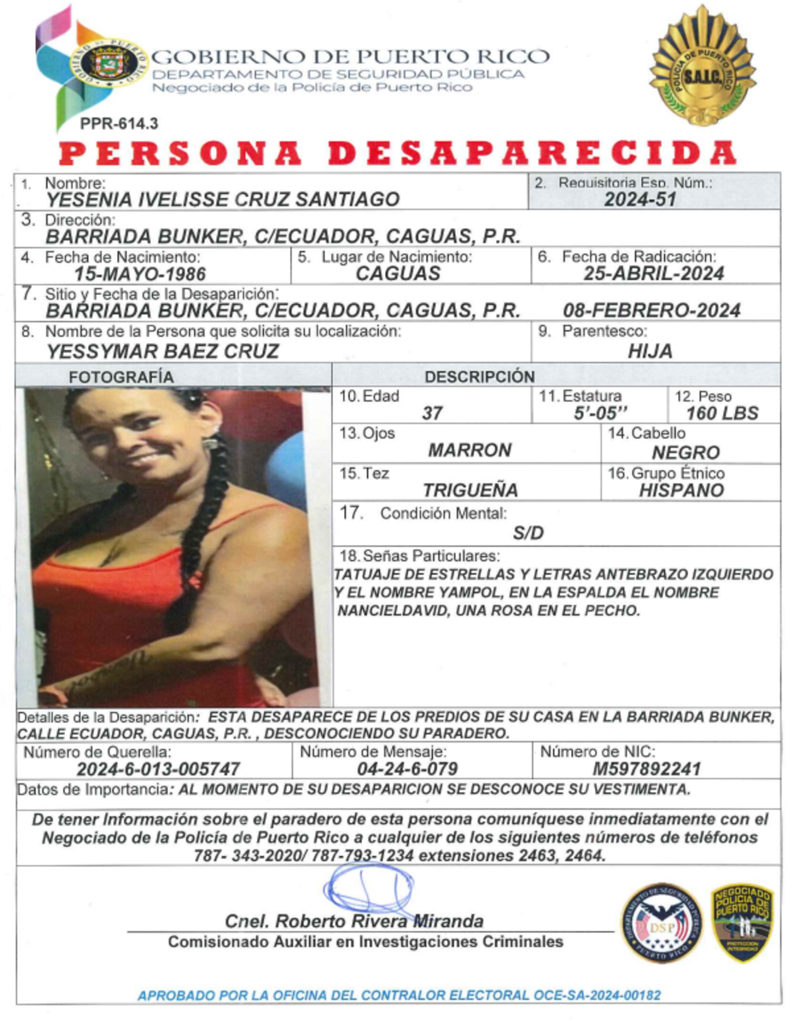 Yesenia Ivelisse Cruz Santiago, fue reportada desaparecida por su hija.