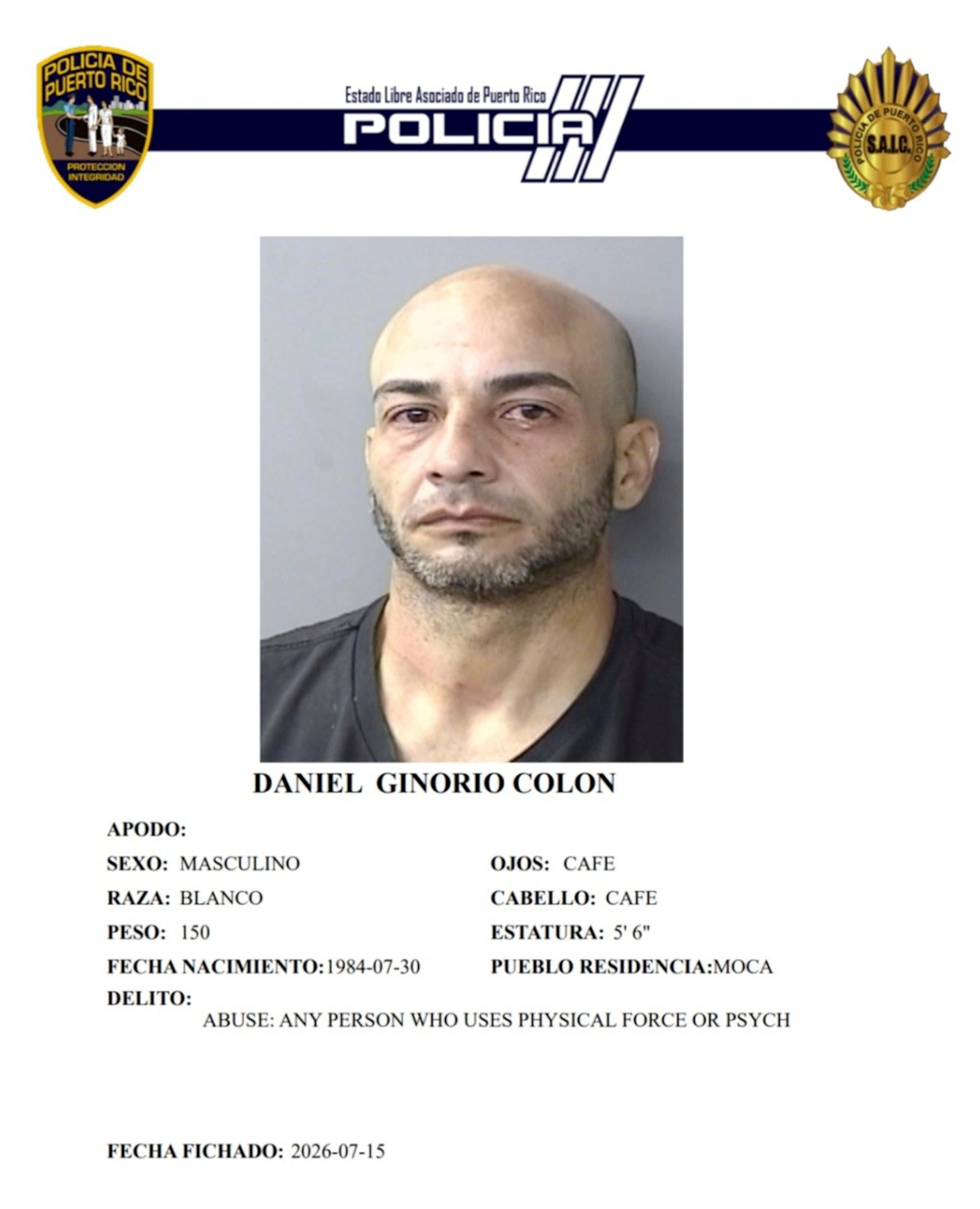 Daniel Ginorio Colon, enfrenta cargos por apropiación ilegal de un vehículo de motor, maltrato a persona de edad avanzada, escalamiento agravado, apropiación ilegal menos grave y posesión de propiedad hurtada.