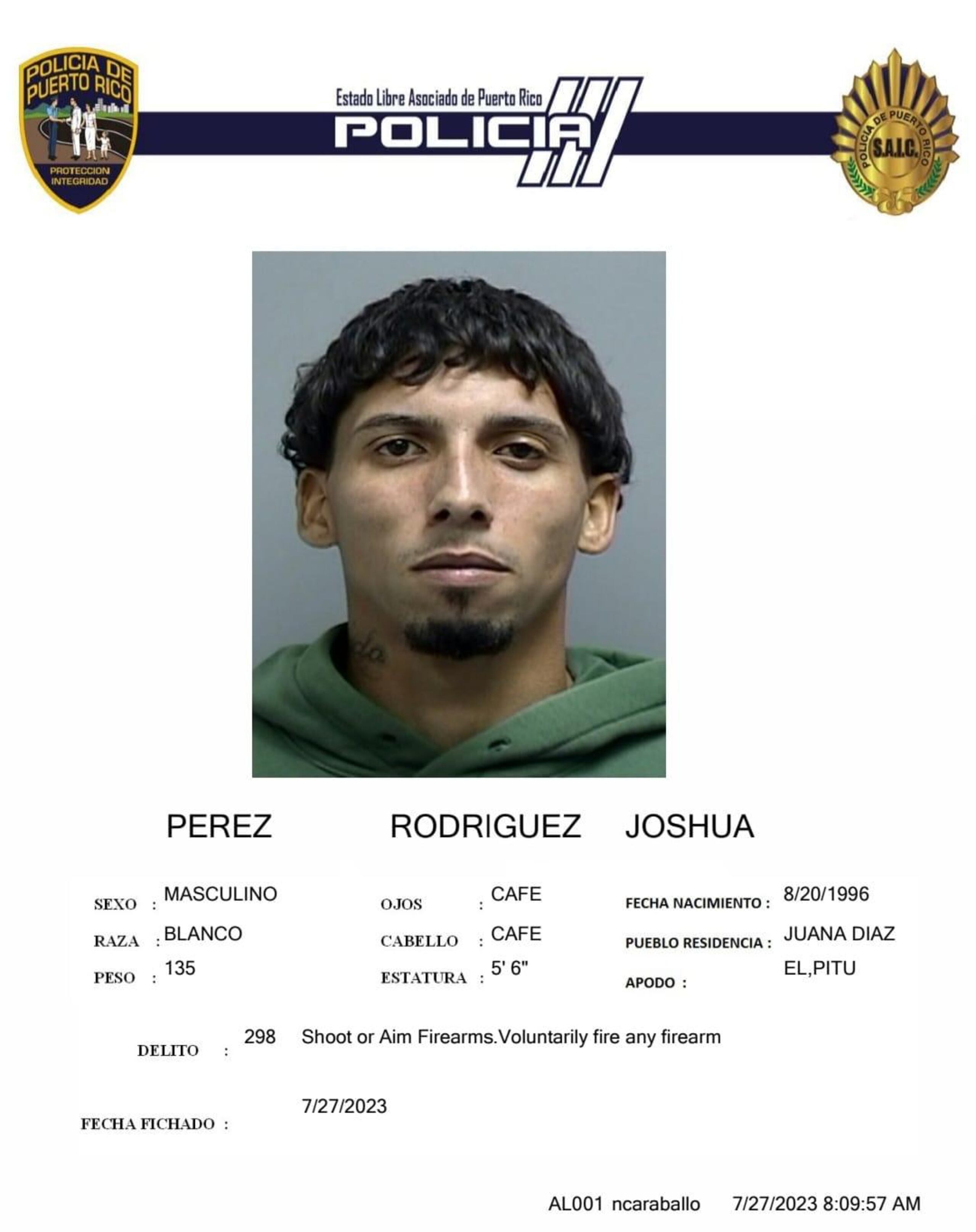 Joshua Pérez Rodríguez enfrenta cargos por tentativa de asesinato, violación a la Ley de Armas y maltrato de menores.