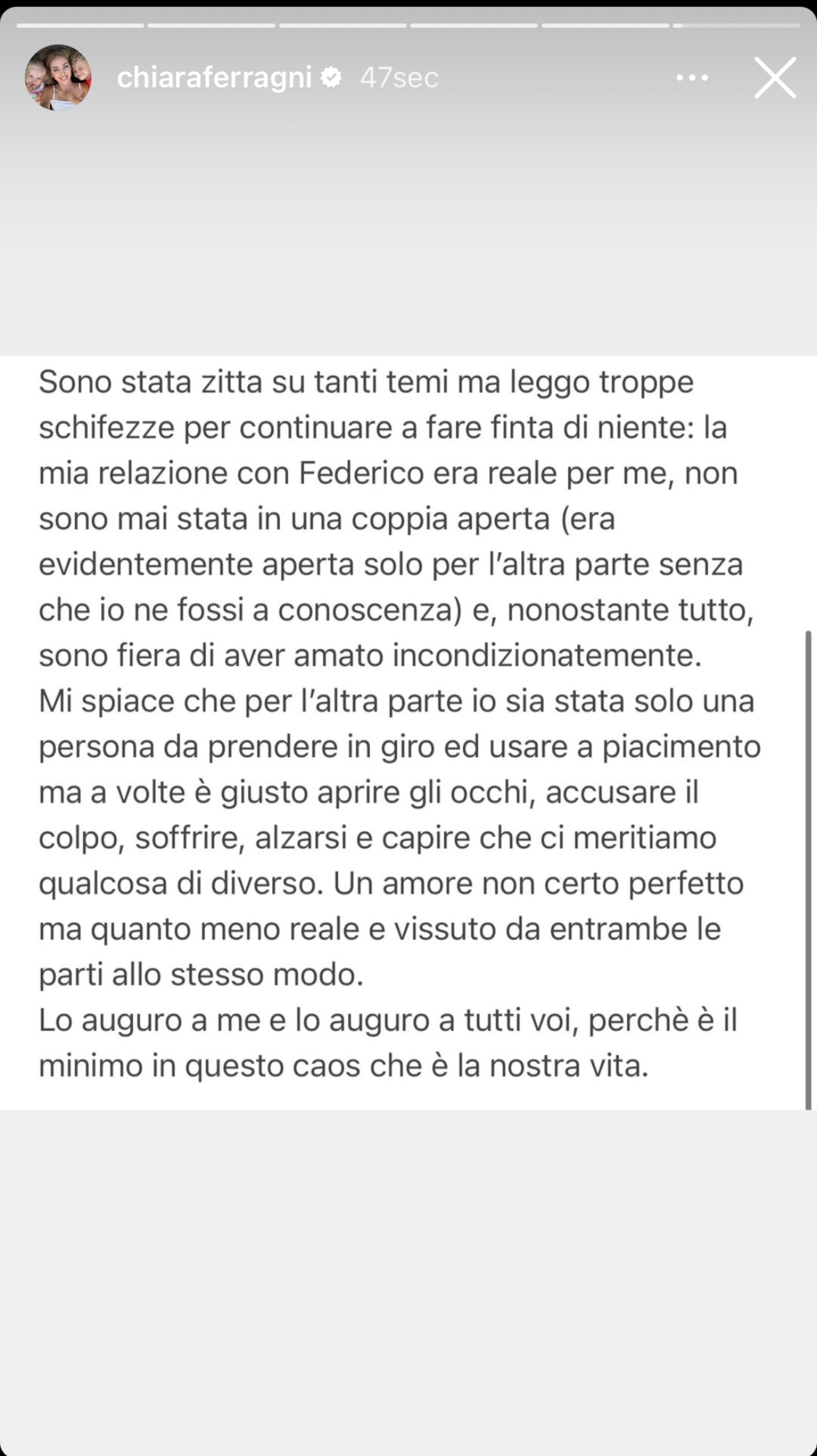 El desahogo de Chiara Ferragni por su matrimonio fallido en sus "stories" en Instagram.