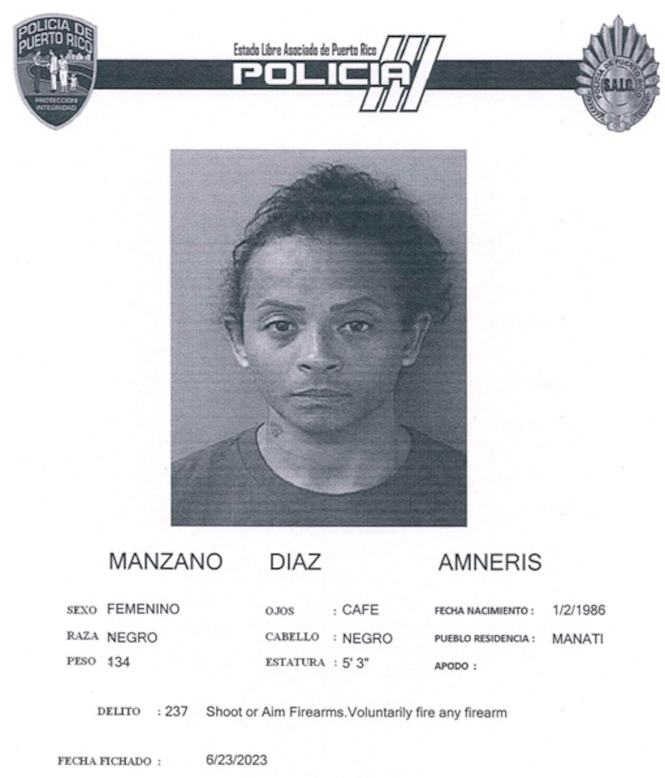 Ficha de Amneris Manzano Díaz suministrada por el Negociado de la Policía.