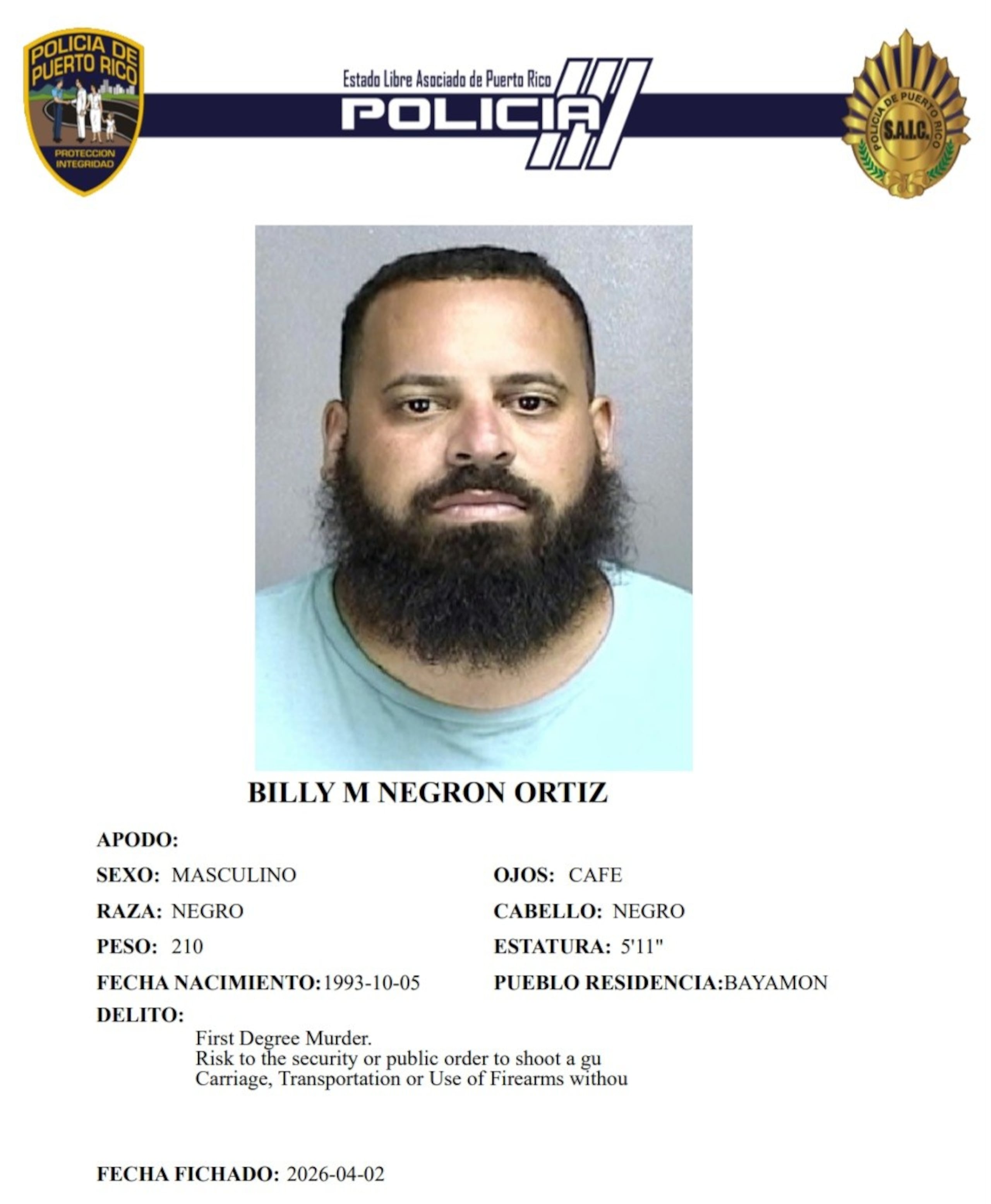 Billy M. Negrón Ortiz, enfrenta cargos por asesinato en primer grado, violación a la Ley de Armas y maltrato por violencia doméstica.