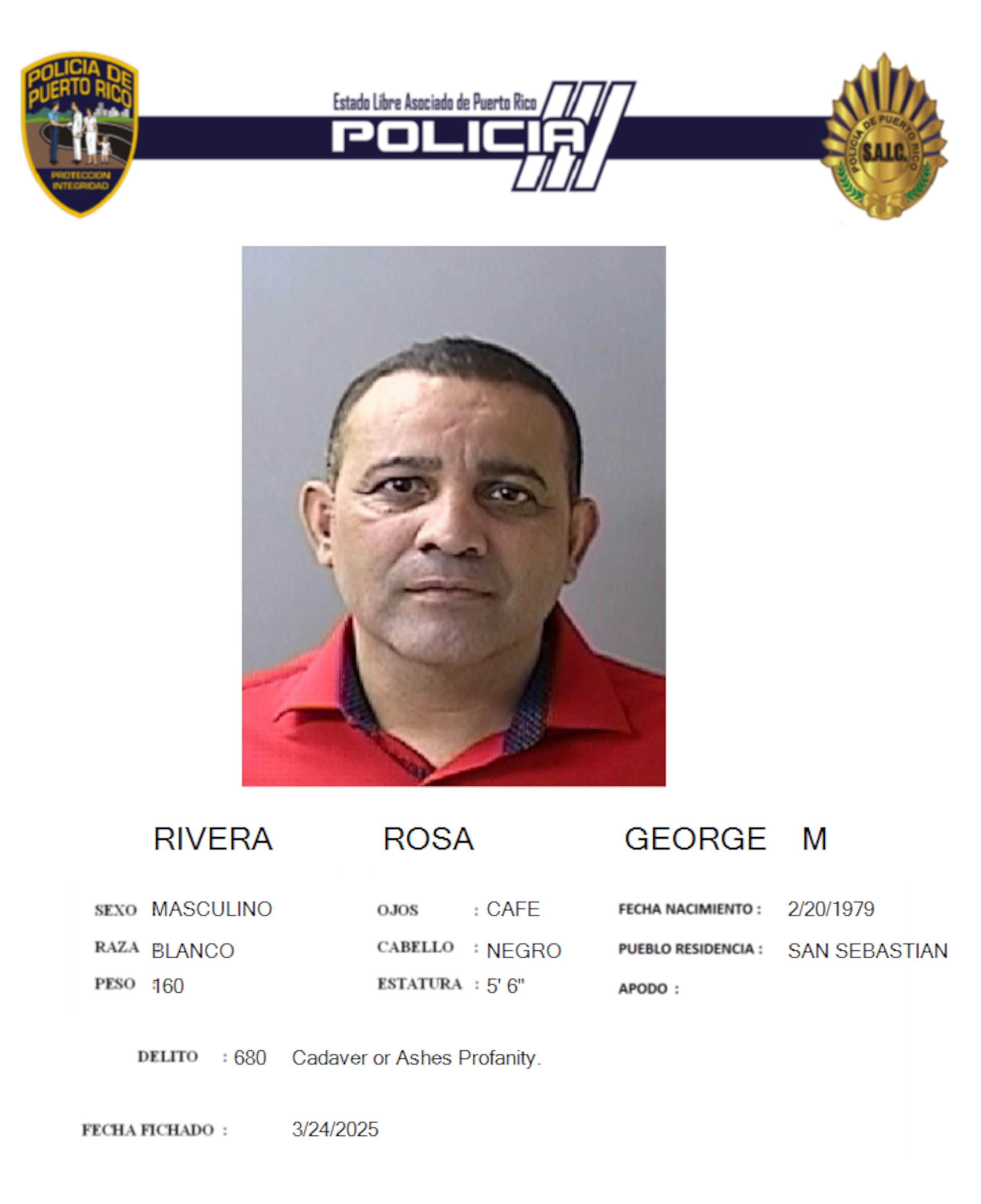 George M. Rivera Rosa, enfrenta un cargo por profanación de cadáveres.
