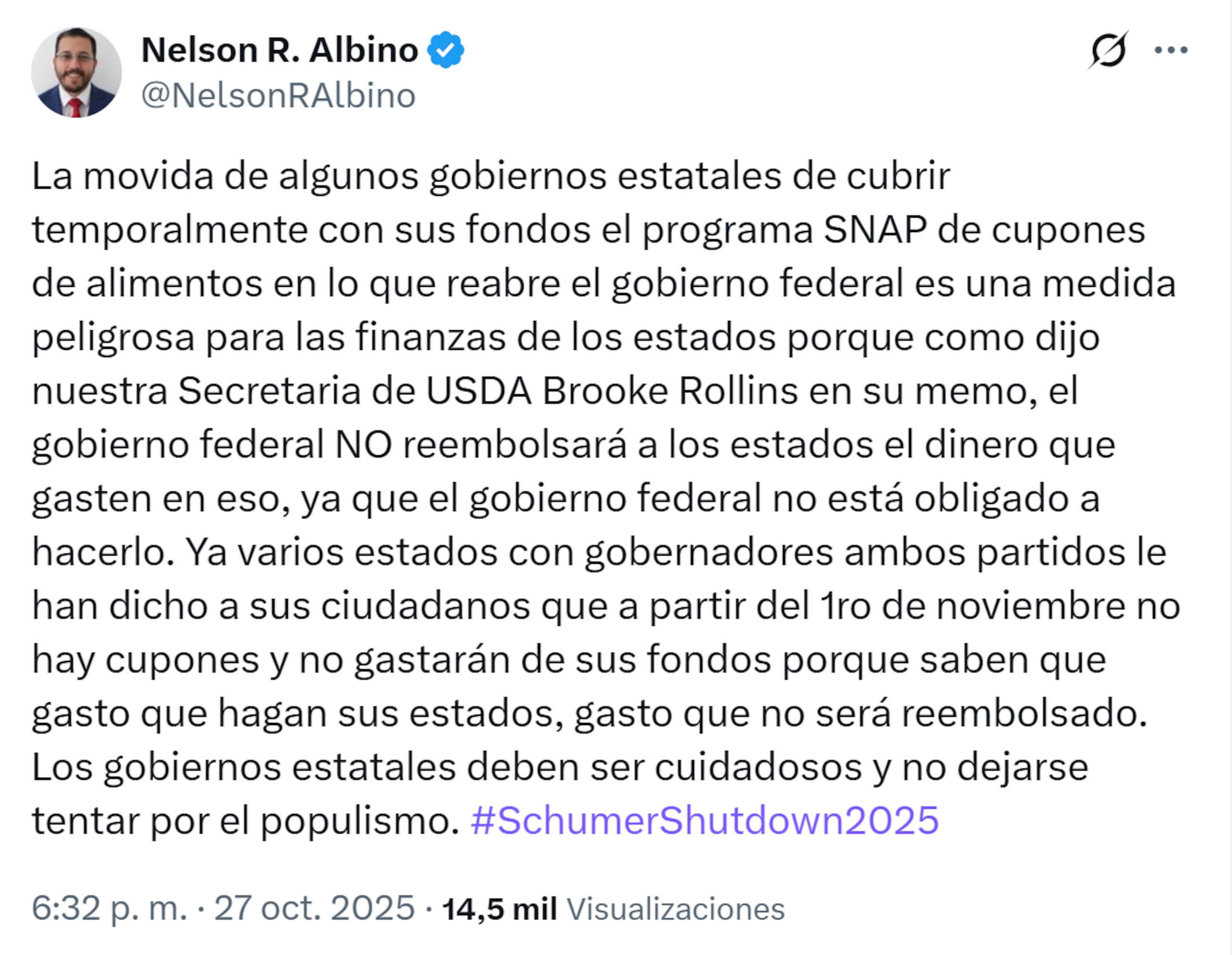Publicación del Nelson Albino, director local de Agricultura federal.
