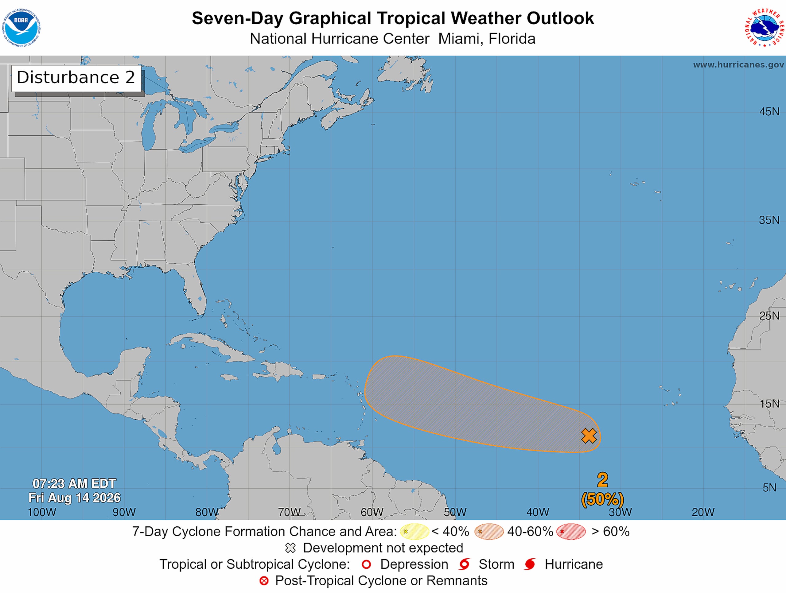 El Invest 94L tiene un 30% de probabilidad de desarrollo durante las próximas 48 horas, mientras que esa posibilidad aumenta a 50% durante los próximos siete días.