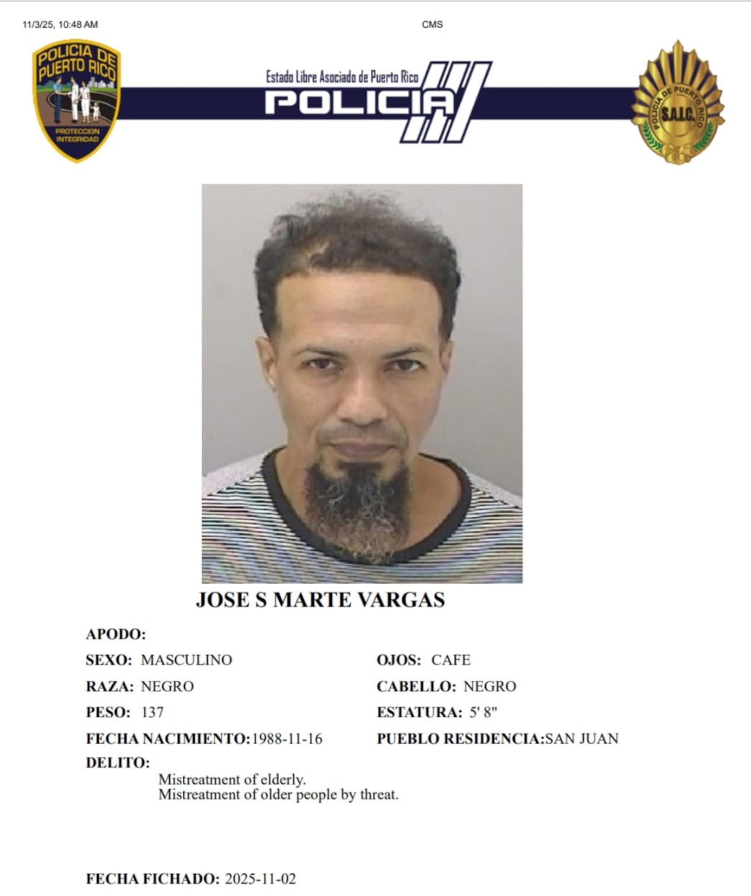 A José S. Marte Vargas, le radicaron cargos por maltrato de ancianos y amenaza.