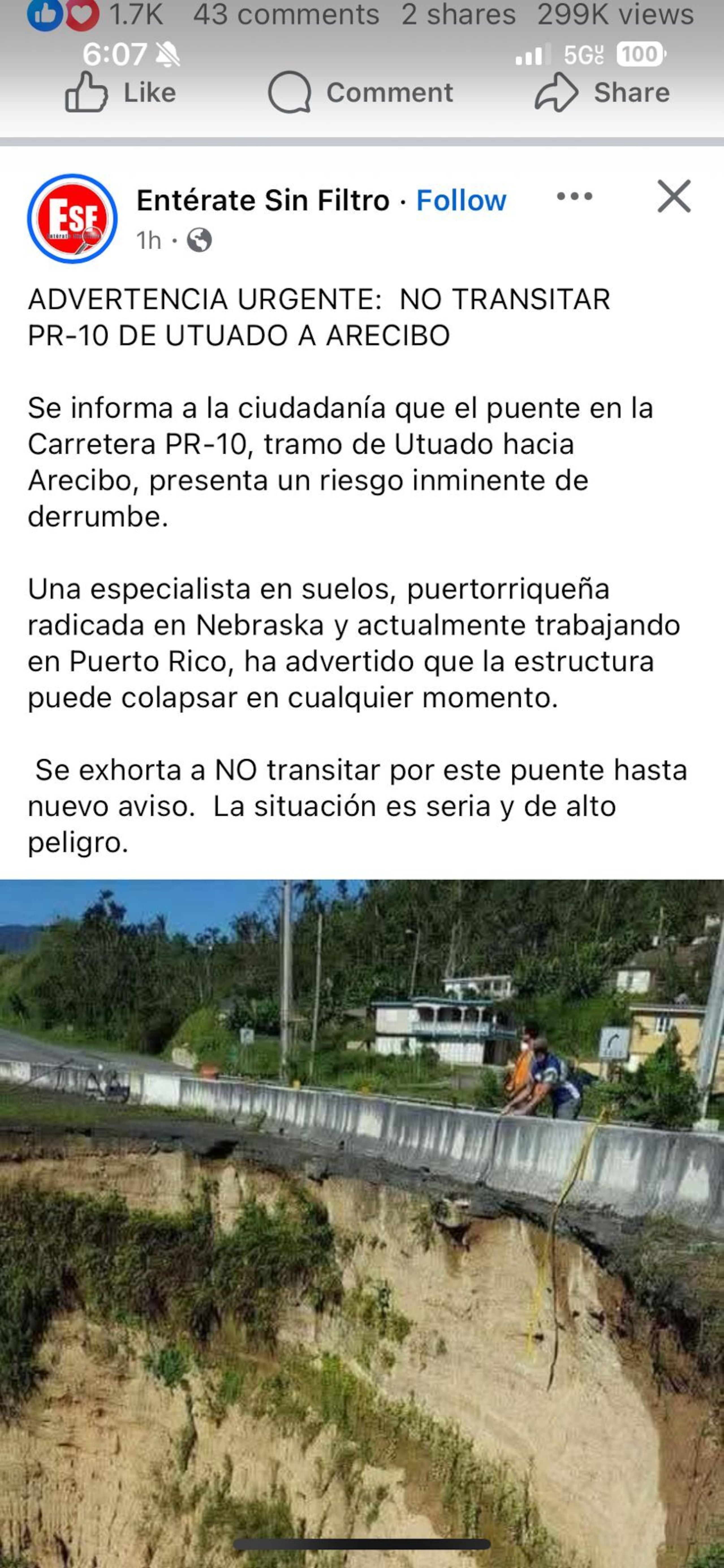 Denuncia de "derrumbe" en Utuado que fue desmentida por DTOP y municipio.