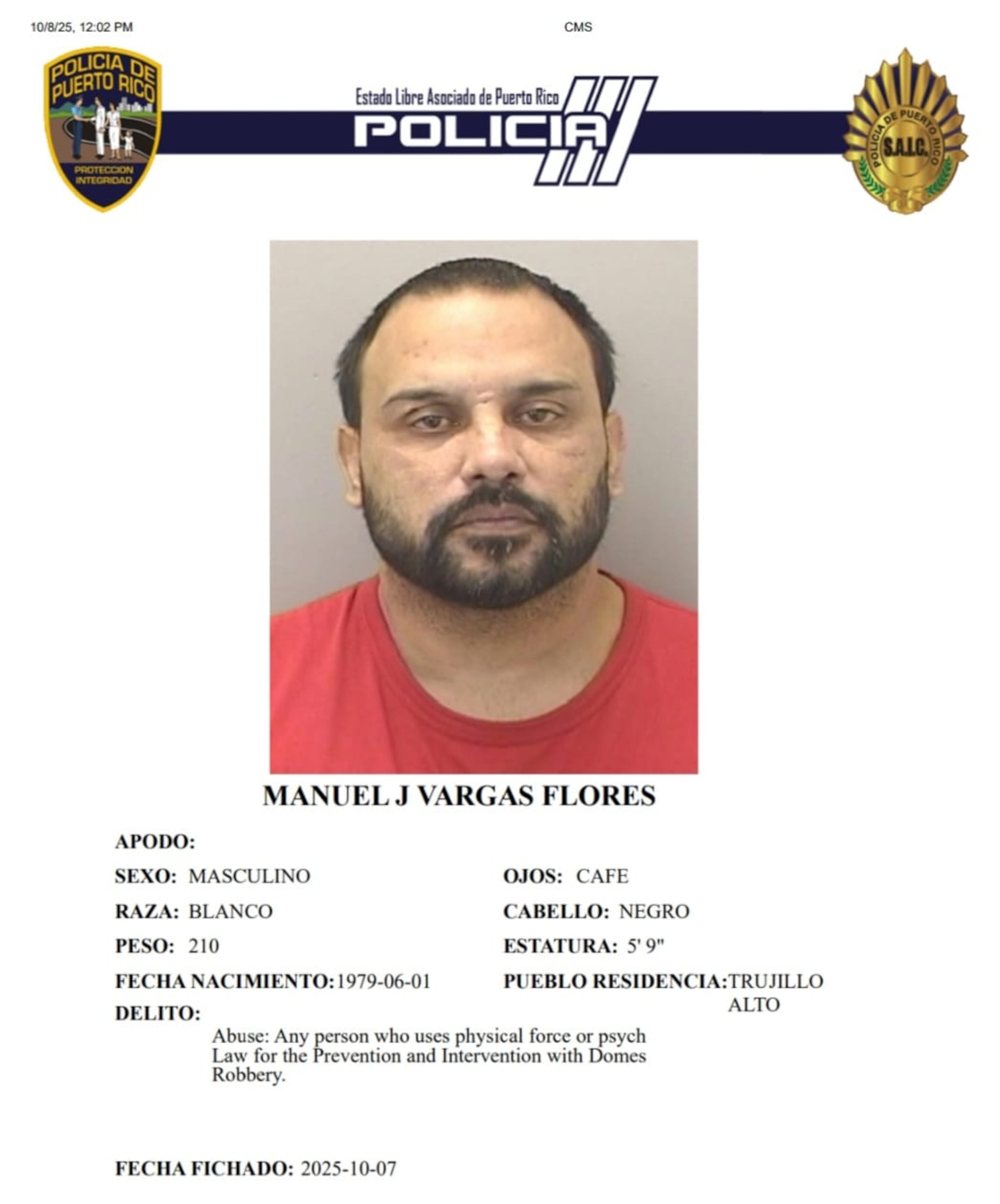 Manuel J. Vargas Flores, enfrenta cargos por robo, poner en riesgo la seguridad u orden público al disparar un arma de fuego, maltrato mediante amenaza al amparo de la Ley 54 para la Prevención e Intervención con la Violencia Doméstica y violación a la Ley de Armas.