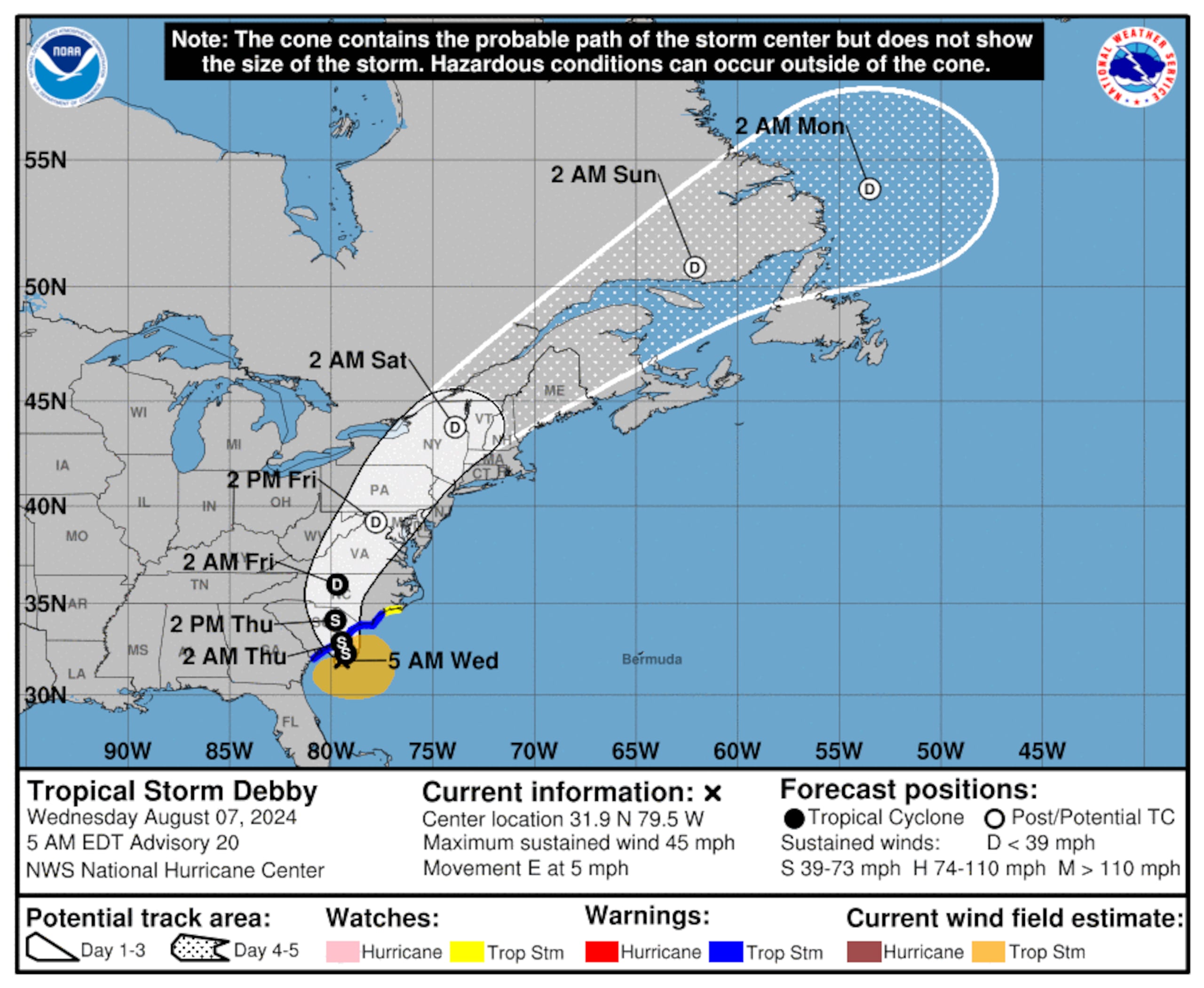 Boletín de la tormenta tropical Debby emitido a las 5:00 de la mañana del 7 de agosto de 2024.