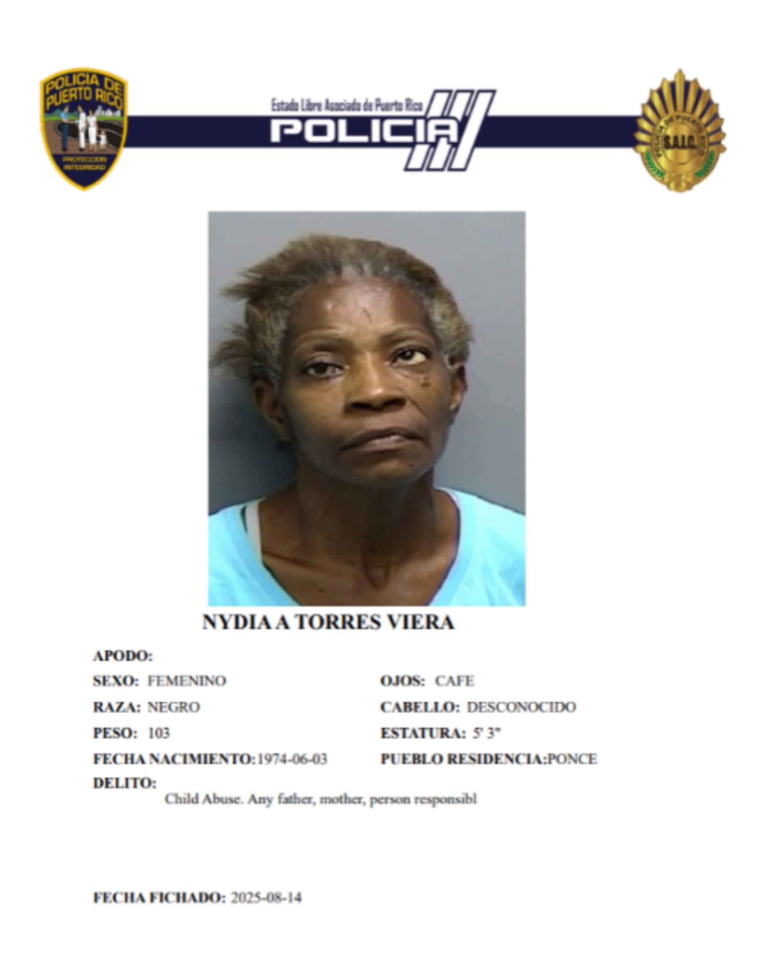 A Nydia A. Torres Viera, se le radicó un cargo por maltrato de menores.