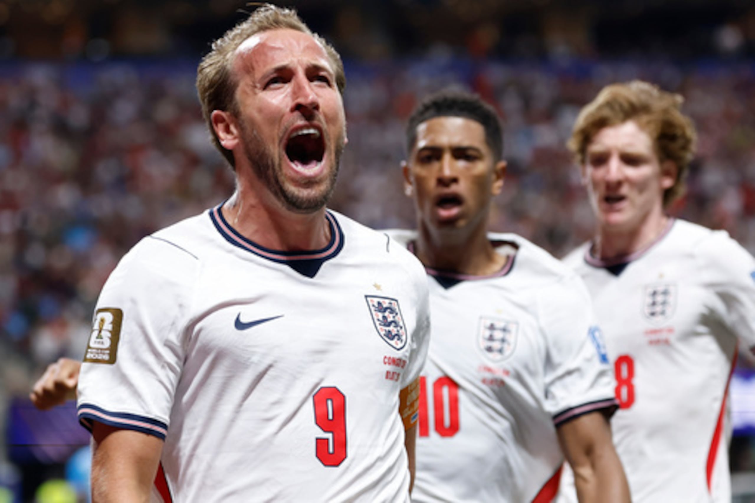 Harry Kane (9) celebra tras marcar el primer gol de Inglaterra en el partido contra el Congo en los octavos de final del Mundial, el miércoles 1 de julio de 2026, en Atlanta. (Foto AP/Butch Dill)