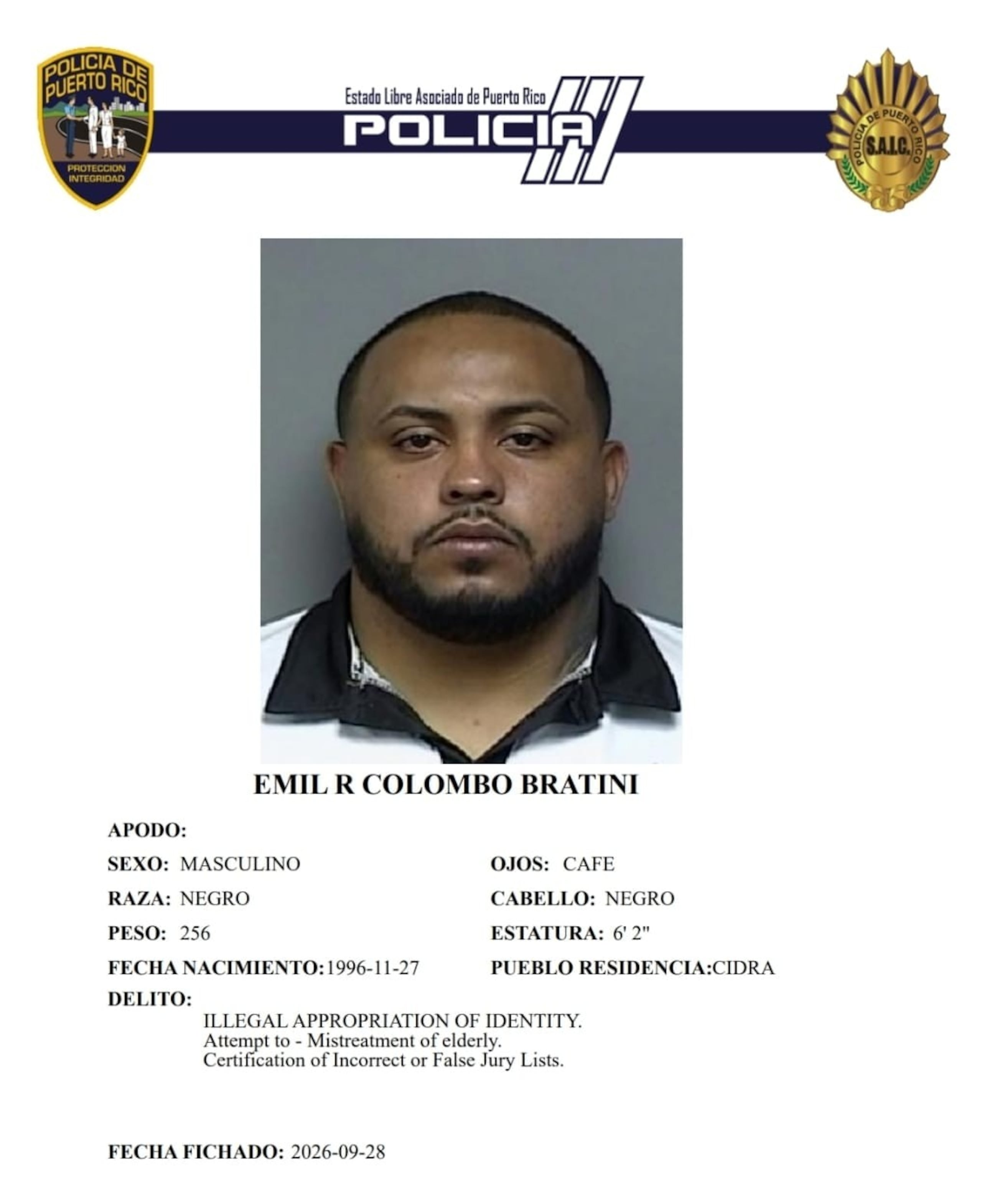 Ficha policial del imputado, Emil Rafael Colombo Bratini, de 29 años y residente de Cidra.