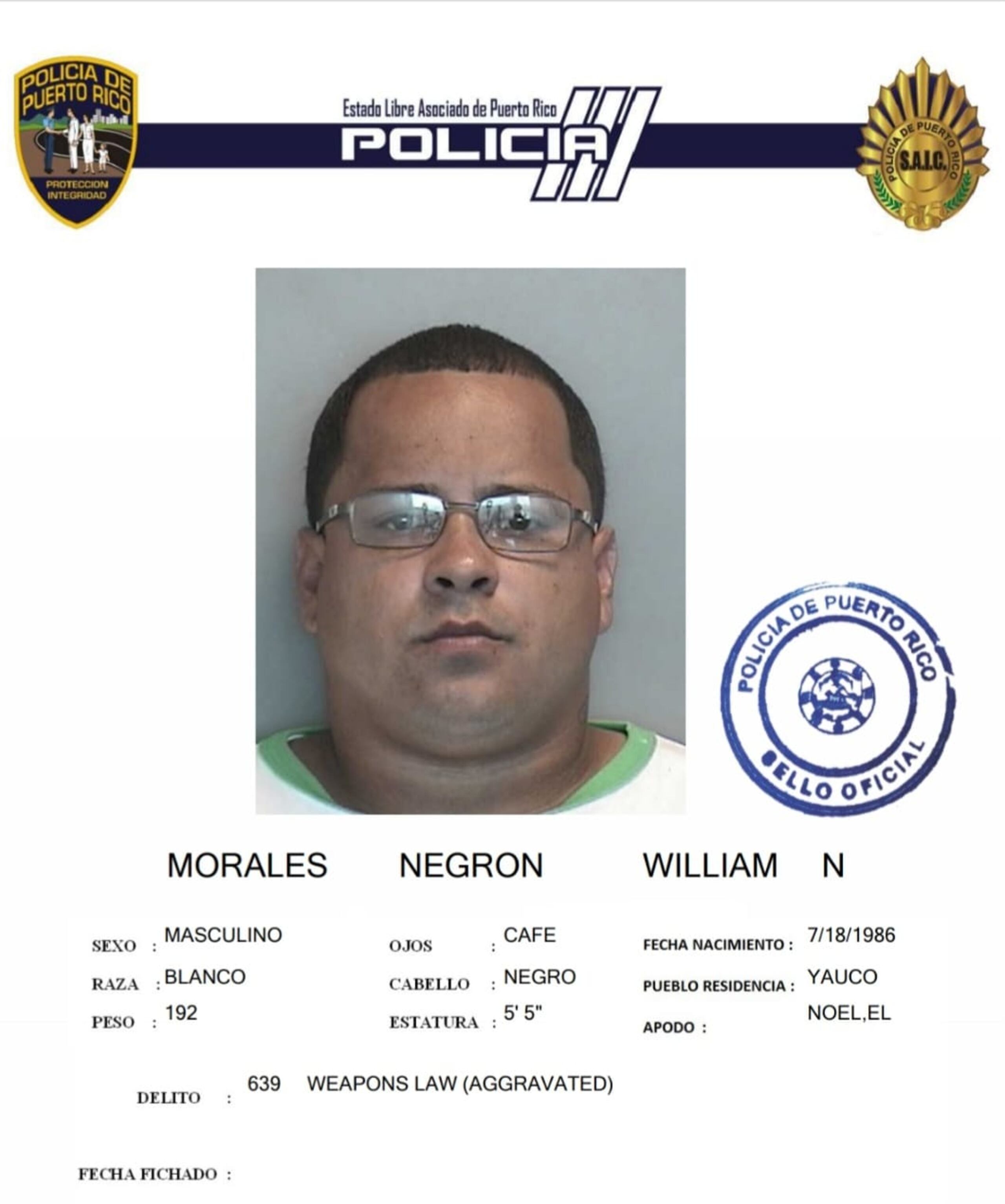 Contra William N. Morales Negrón pesa una orden de arresto por los delitos de daños a la propiedad, empleo de violencia o intimidación contra autoridad pública, violación a la Ley de Armas y por posesión de sustancias controladas. Si lo ha visto llame al (787) 343-2020.