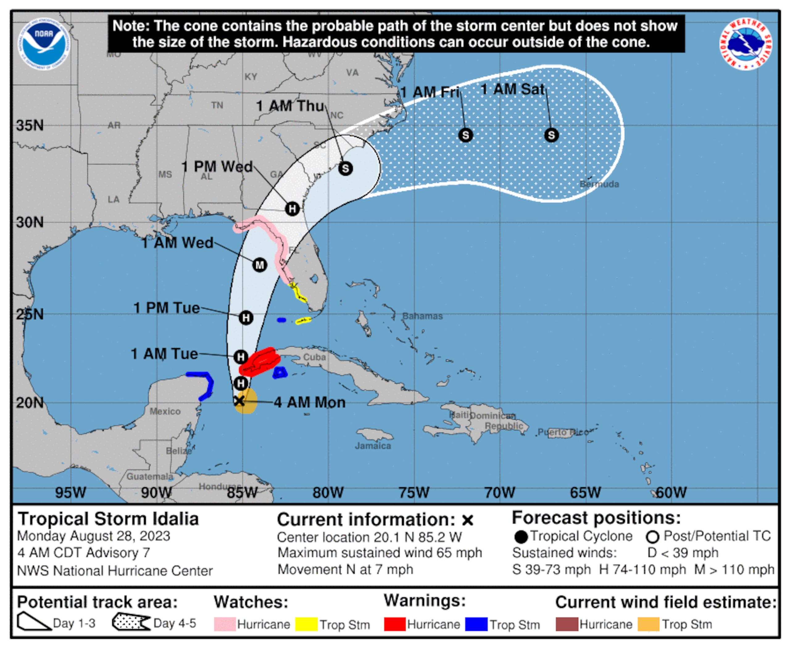 Pronóstico de la tormenta tropical Idalia emitido durante la mañana del 28 de agosto de 2023.