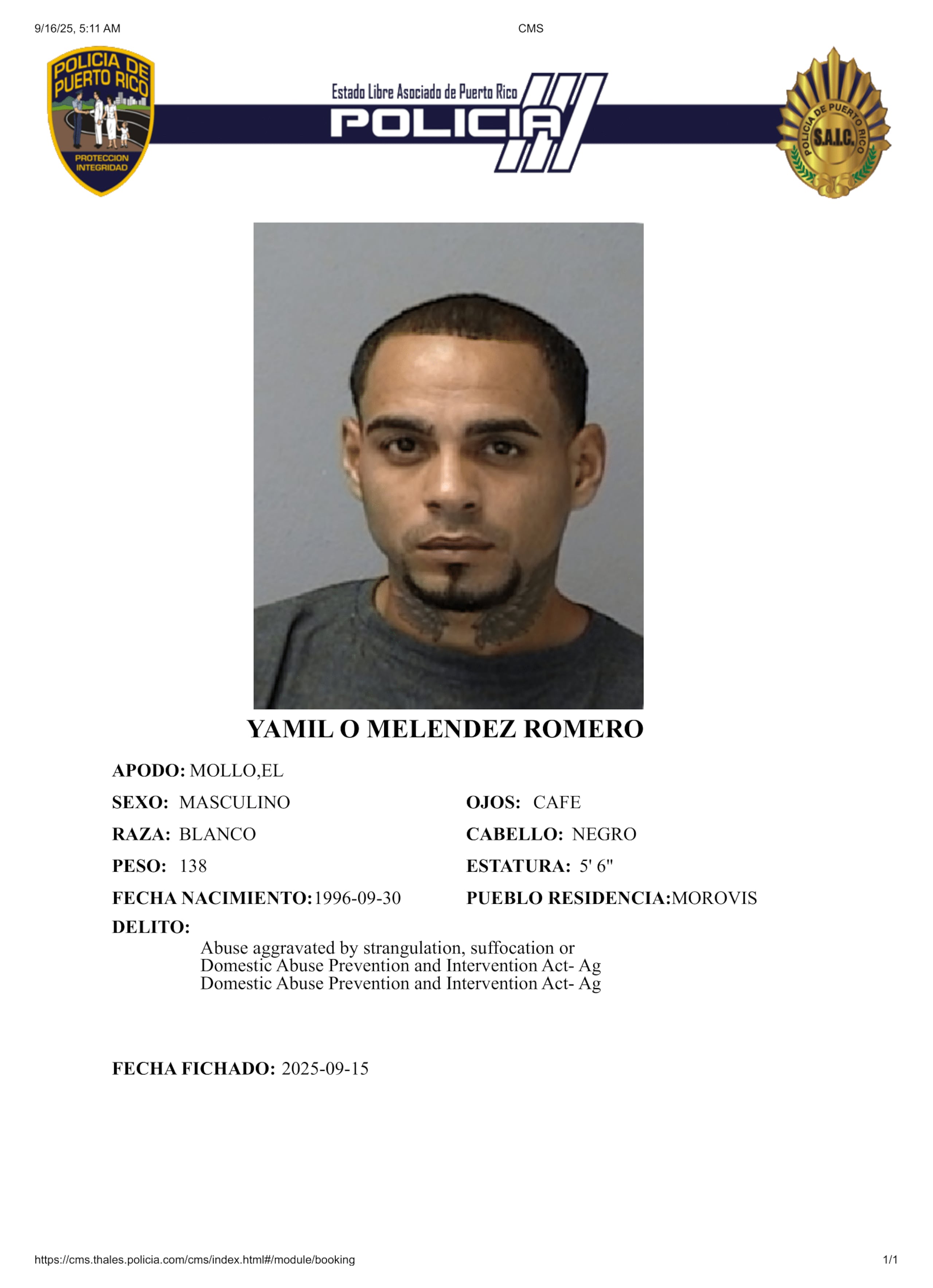 Ficha policíaca del imputado, identificado como Yamil O. Meléndez Romero, de 28 años.