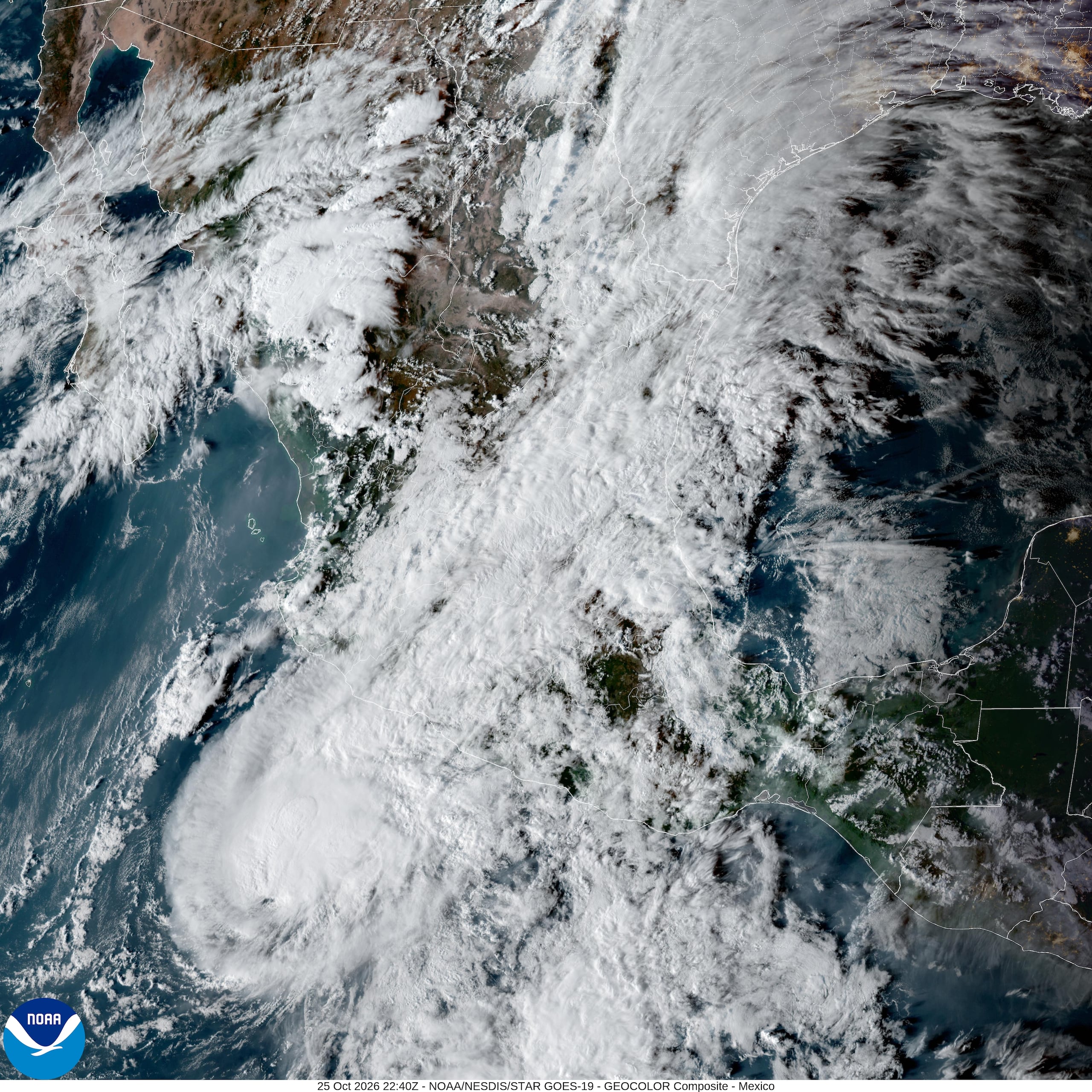 This satellite image from the National Oceanic and Atmospheric Administration shows Tropical Storm Vance churning off southwest Mexico's Pacific coast, at 6:40 p.m. ET (EDT) on Sunday, Oct. 25, 2026. (NOAA via AP)