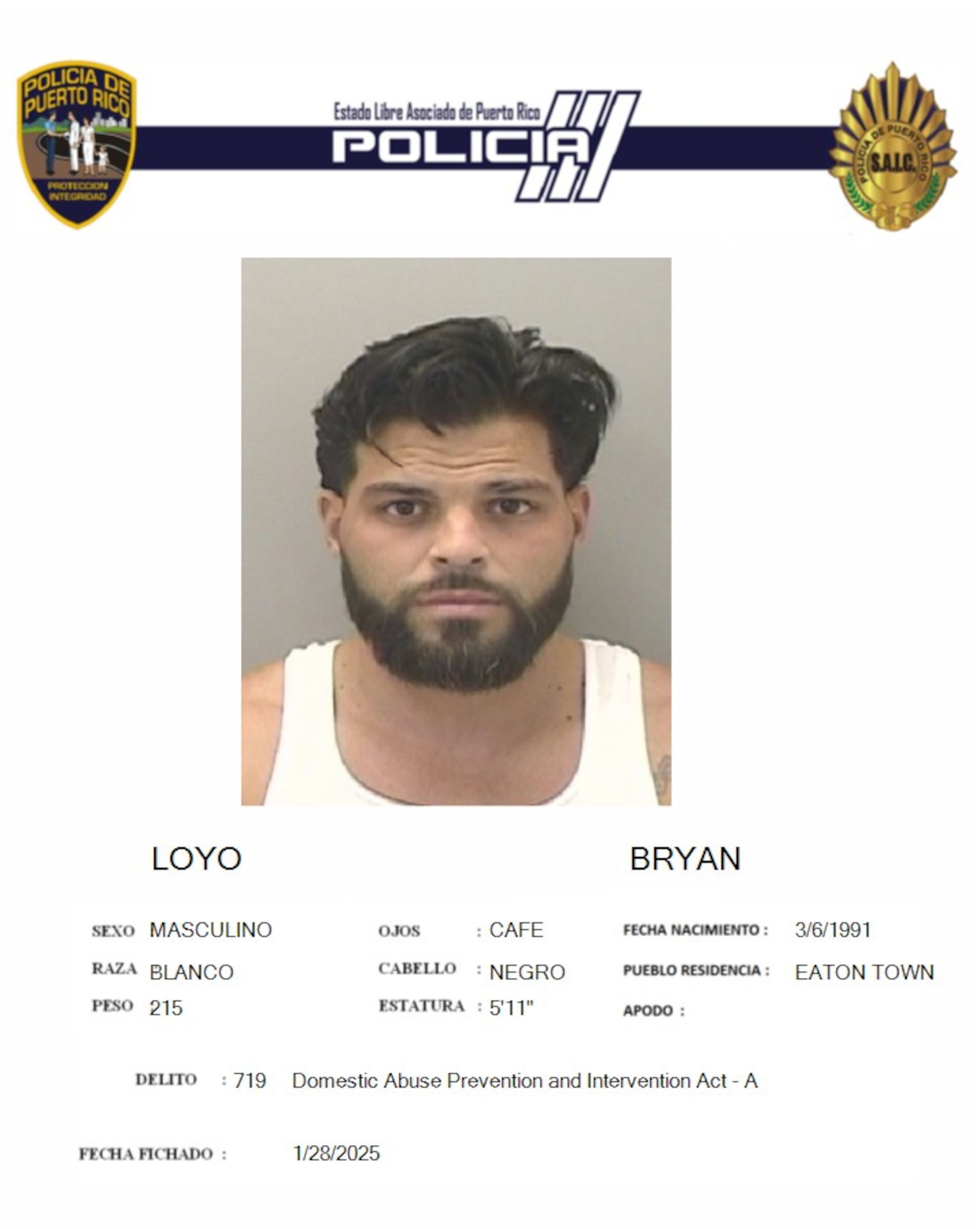 El turista Bryan Loyo, fue acusado por violencia doméstica en medio de un incidente ocurrido en un hotel pequeño en Condado.