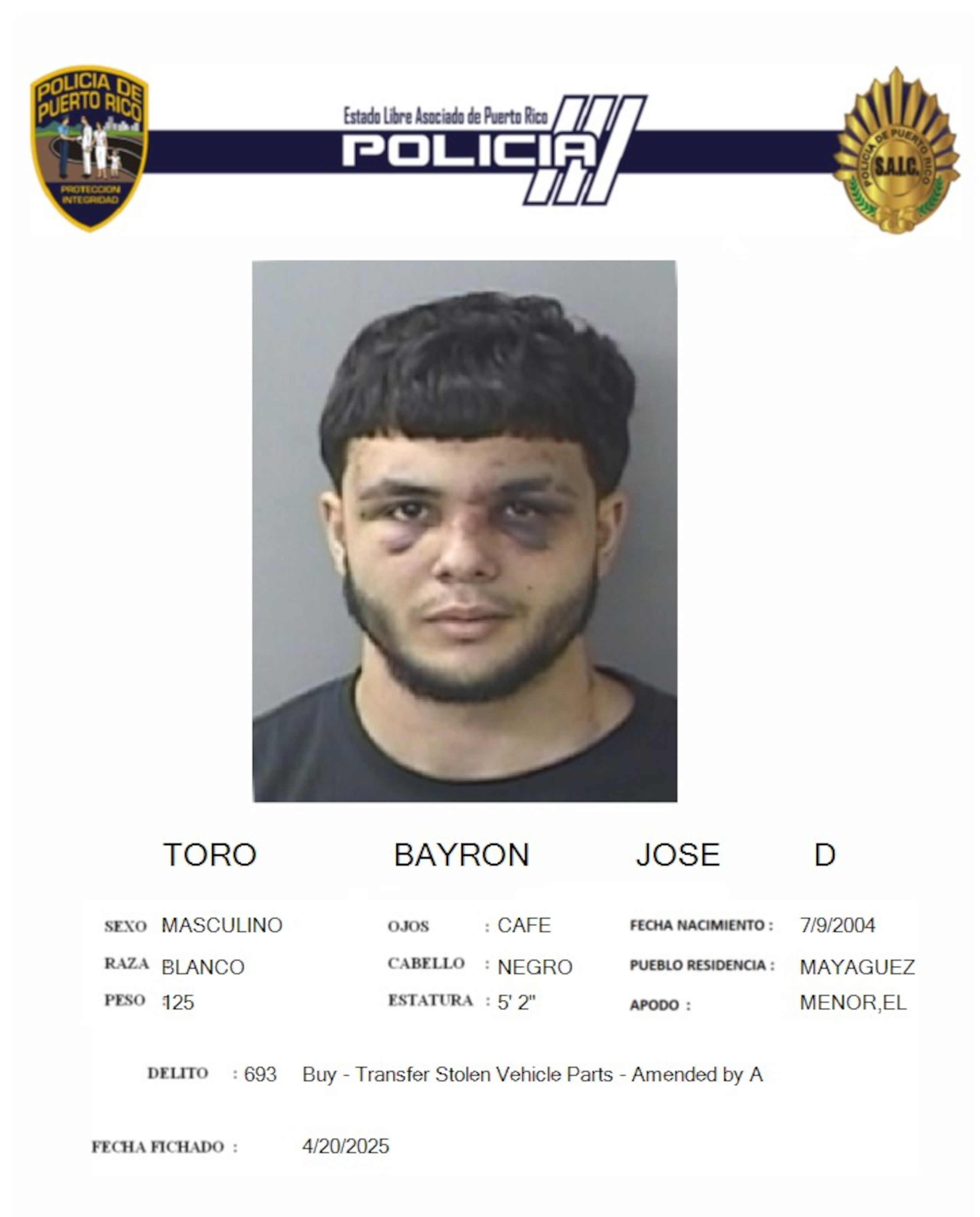 José D. Toro Bayron, fue acusado por manejar una motora hurtada.