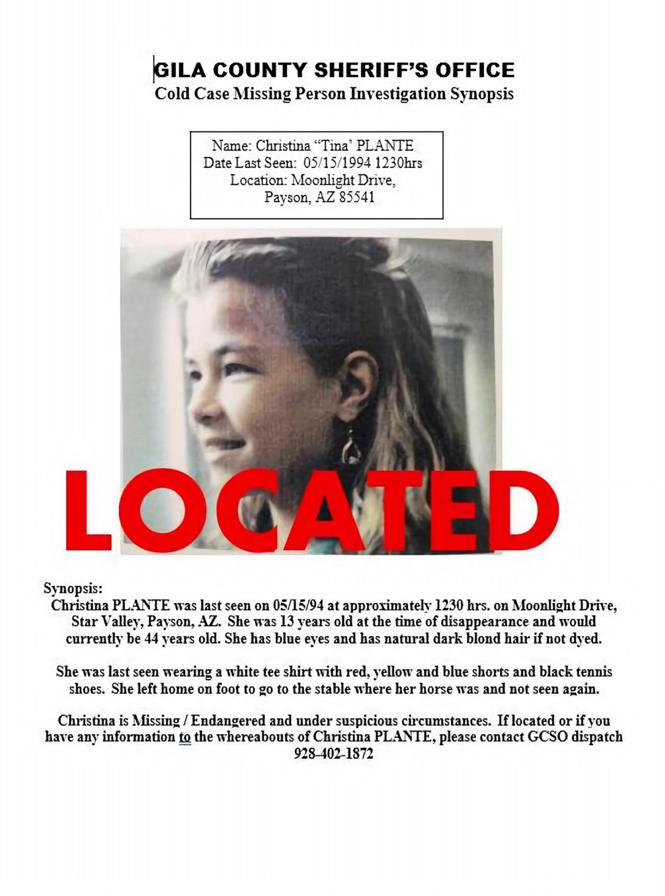 Fotografía divulgada por la Oficina del Sheriff del Condado de Gila del cartel de aviso de localización de Christina Marie Plante.