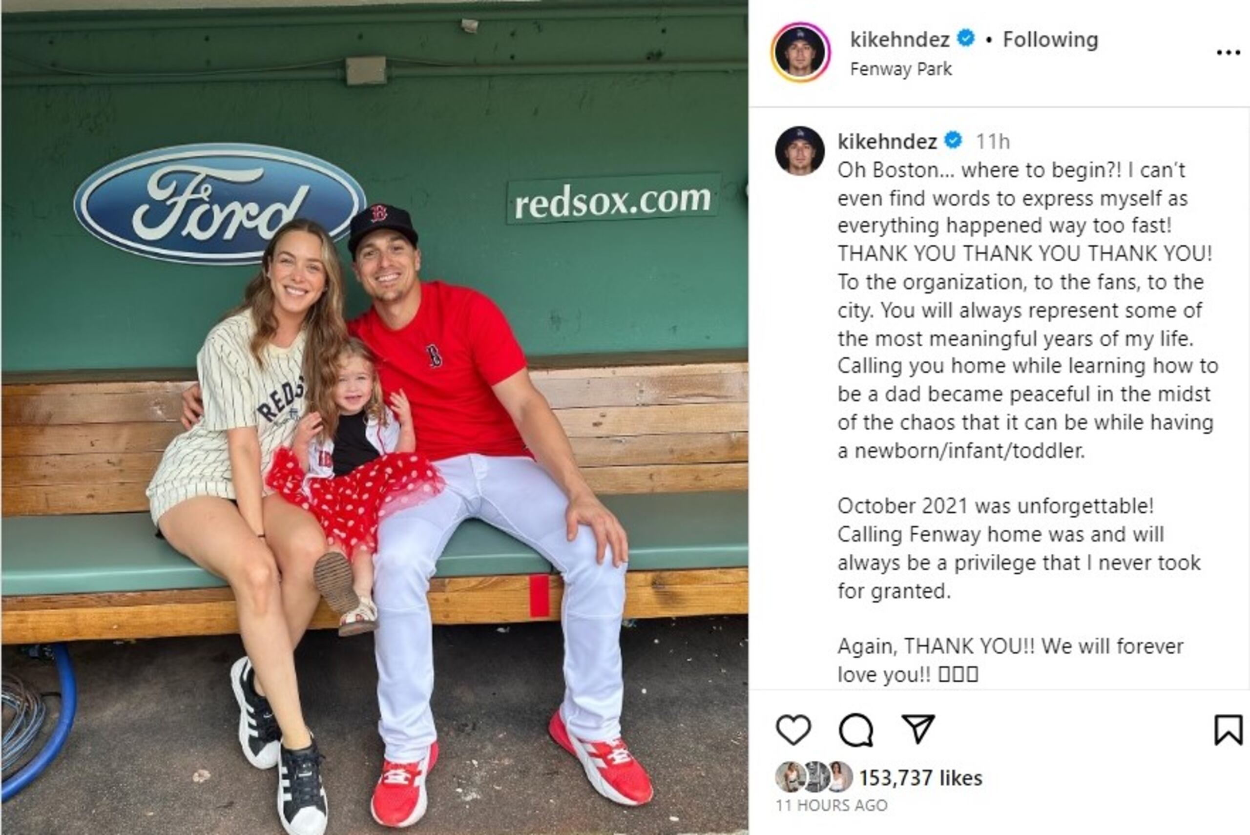 Kike Hernández se despidió la afición de Boston con una publicación en la red social Instagram.